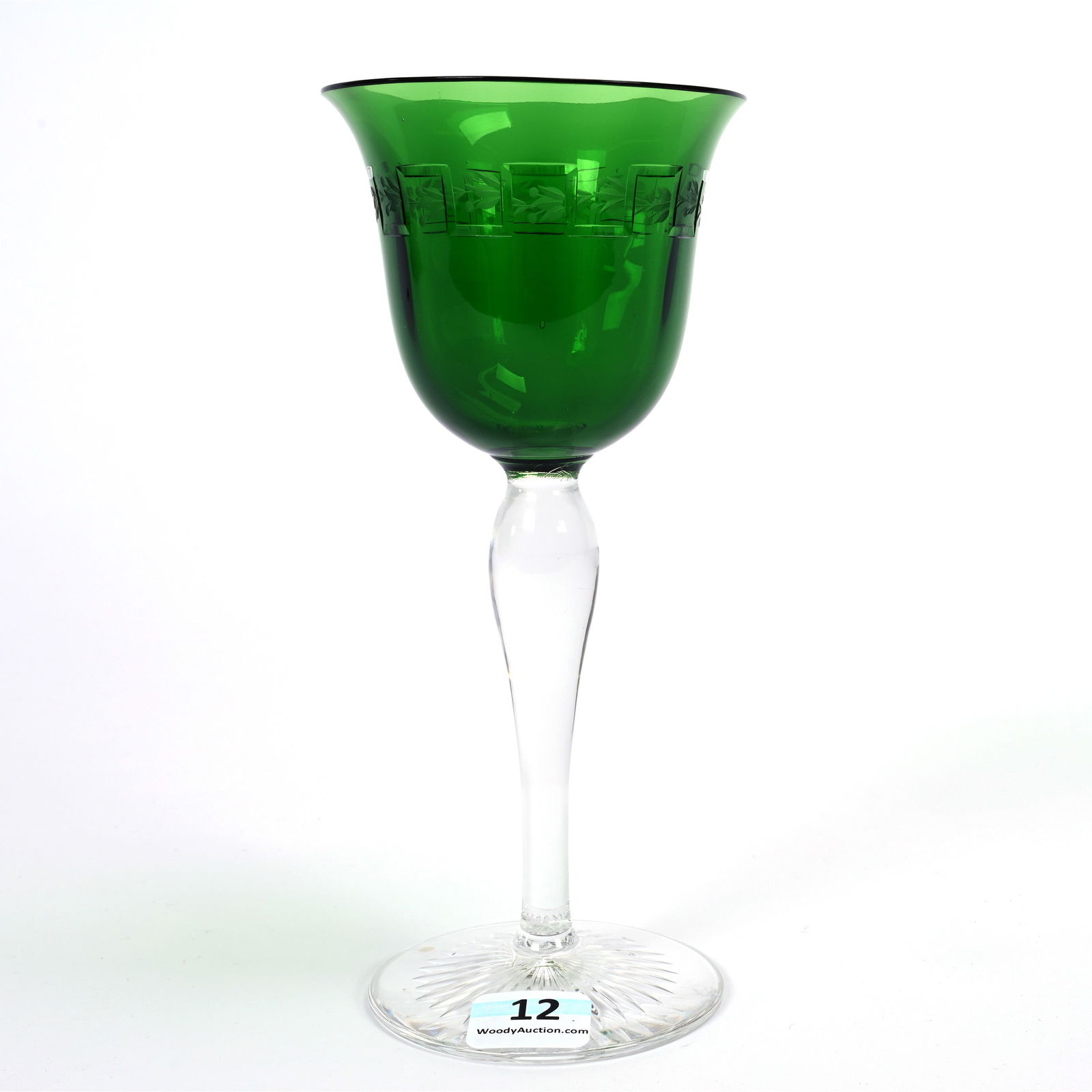 Wine Stem, American Brilliant Cut Glass, Cased Emerald Green, Signed Sinclaire: Wine Stem, American Brilliant Cut Glass, Cased Emerald Green, Signed Sinclaire, 6.625" x 3", Engraved Greek Key And Laurel Wreath Design, Ray Cut Foot, American Cut Glass Association Collection.
