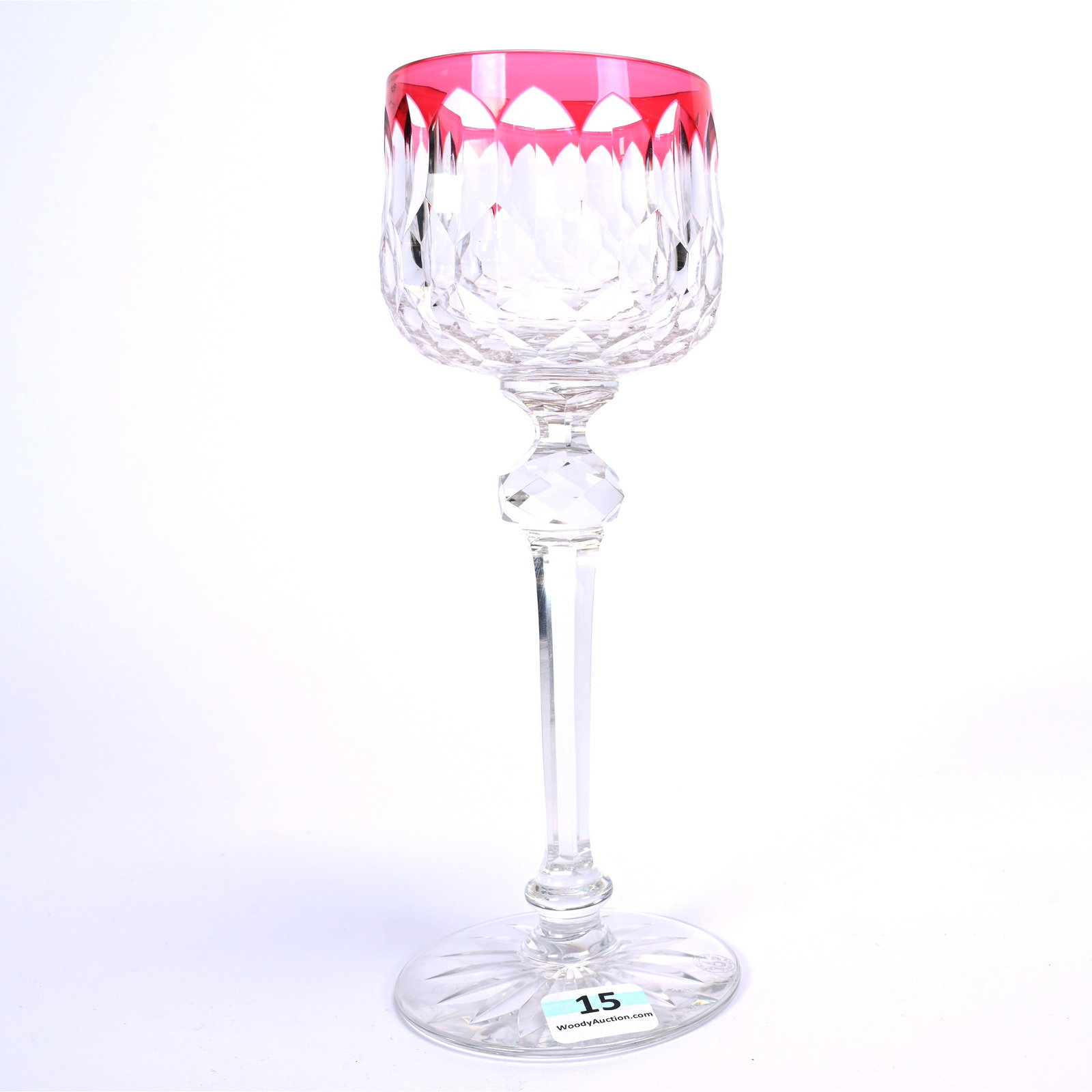 Wine Stem, Brilliant Period Cut Glass, Cranberry Cut To Clear, Signed Baccarat: Wine Stem, Brilliant Period Cut Glass, Cranberry Cut To Clear, Signed Baccarat, 7.75" x 3", Honeycomb Miter Design, Ray Cut Foot, American Cut Glass Association Collection.
