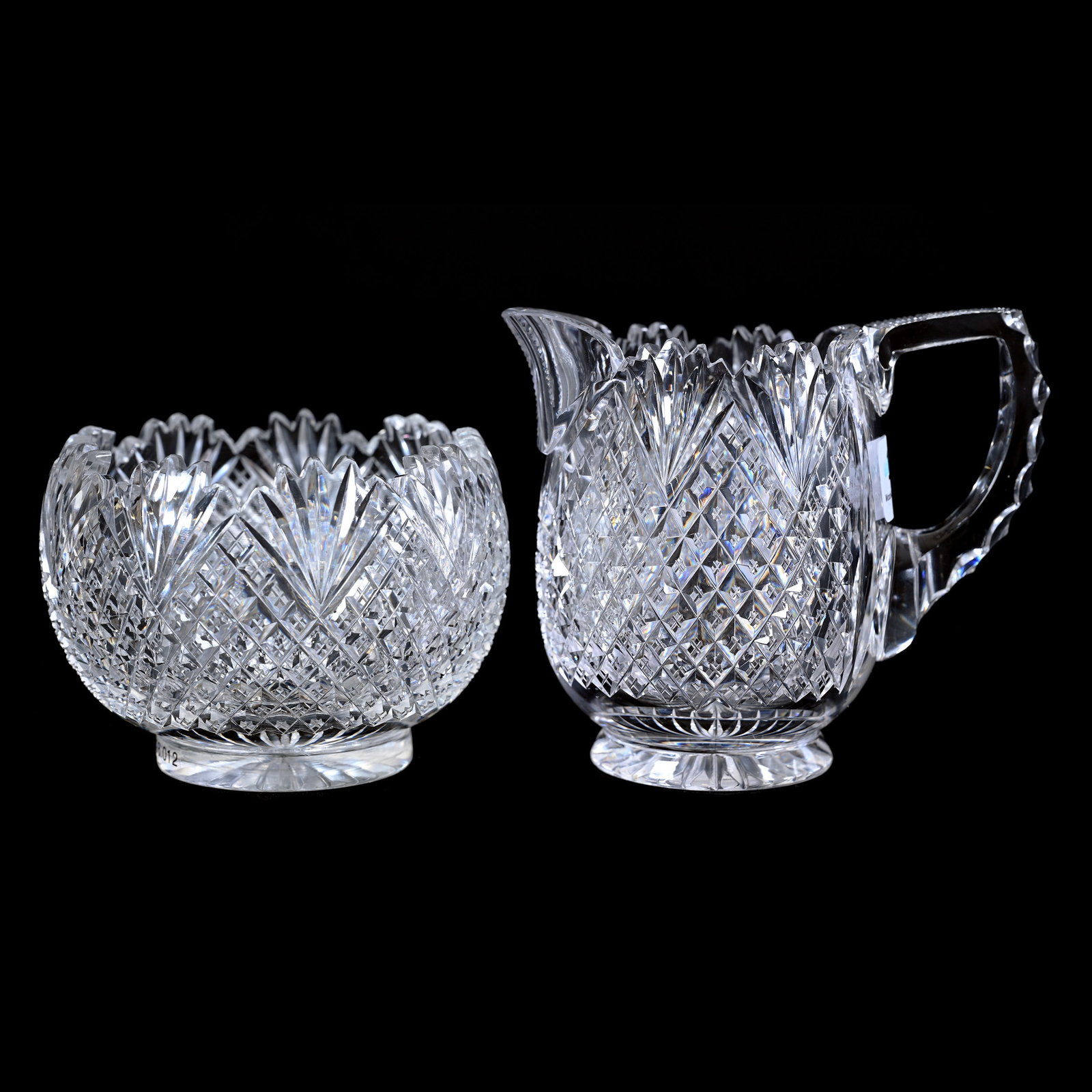 Creamer & Sugar Set, American Brilliant Cut Glass, Crosscut Diamond & Fan: Creamer & Sugar Set, American Brilliant Cut Glass, Crosscut Diamond & Fan, 4" x 4.5", Wafer Ray Cut Base, Triple Notched Handle, American Cut Glass Association Collection.