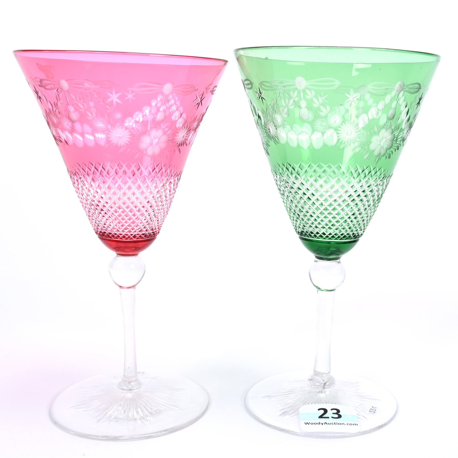 (2) Wine Stems, ABCG, (1) Green Cut To Clear, (1) Cranberry Cut To Clear, Attributed To Sinclaire: (2) Wine Stems, American Brilliant Cut Glass, (1) Green Cut To Clear, (1) Cranberry Cut To Clear, Attributed To Sinclaire, 5.25" x 3", Diamond Band With Engraved Floral Garland Design, Ray Cut Foot, M