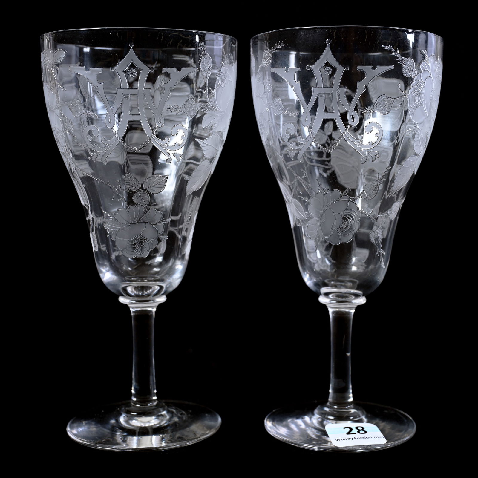 Pair Goblets, American Brilliant Cut Glass, Signed Locke Art (1 of 2)