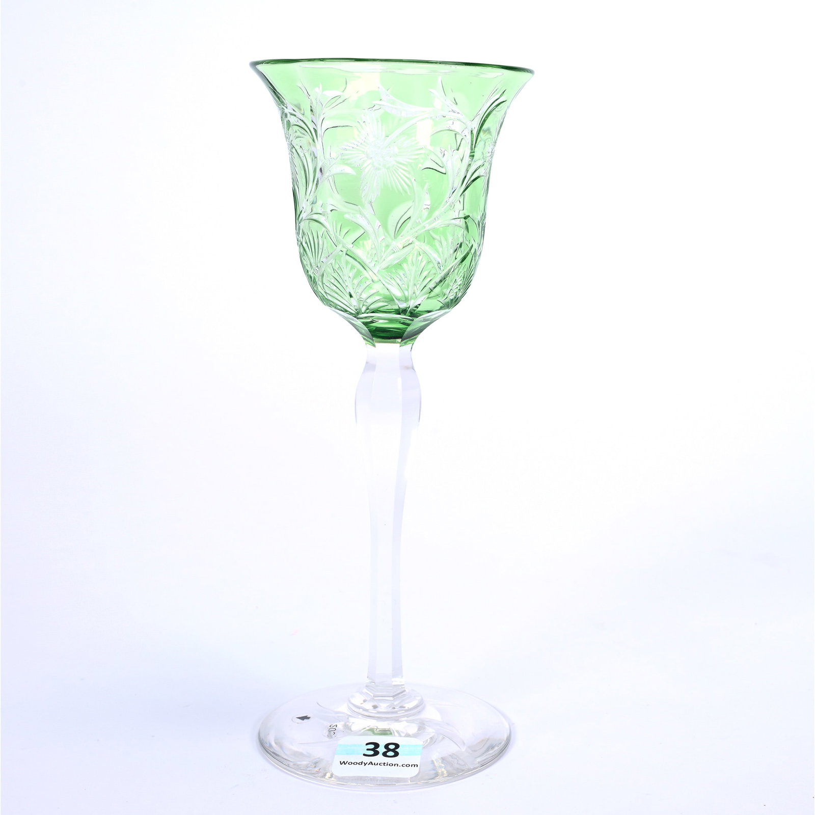 Wine Stem, ABCG, Green Cut To Clear, Signed Hawkes, Engraved Floral Motif: Wine Stem, American Brilliant Cut Glass, Green Cut To Clear, Signed Hawkes, Engraved Floral Motif, 7" x 2.75", Swirled Leaf Foot, American Cut Glass Association Collection.