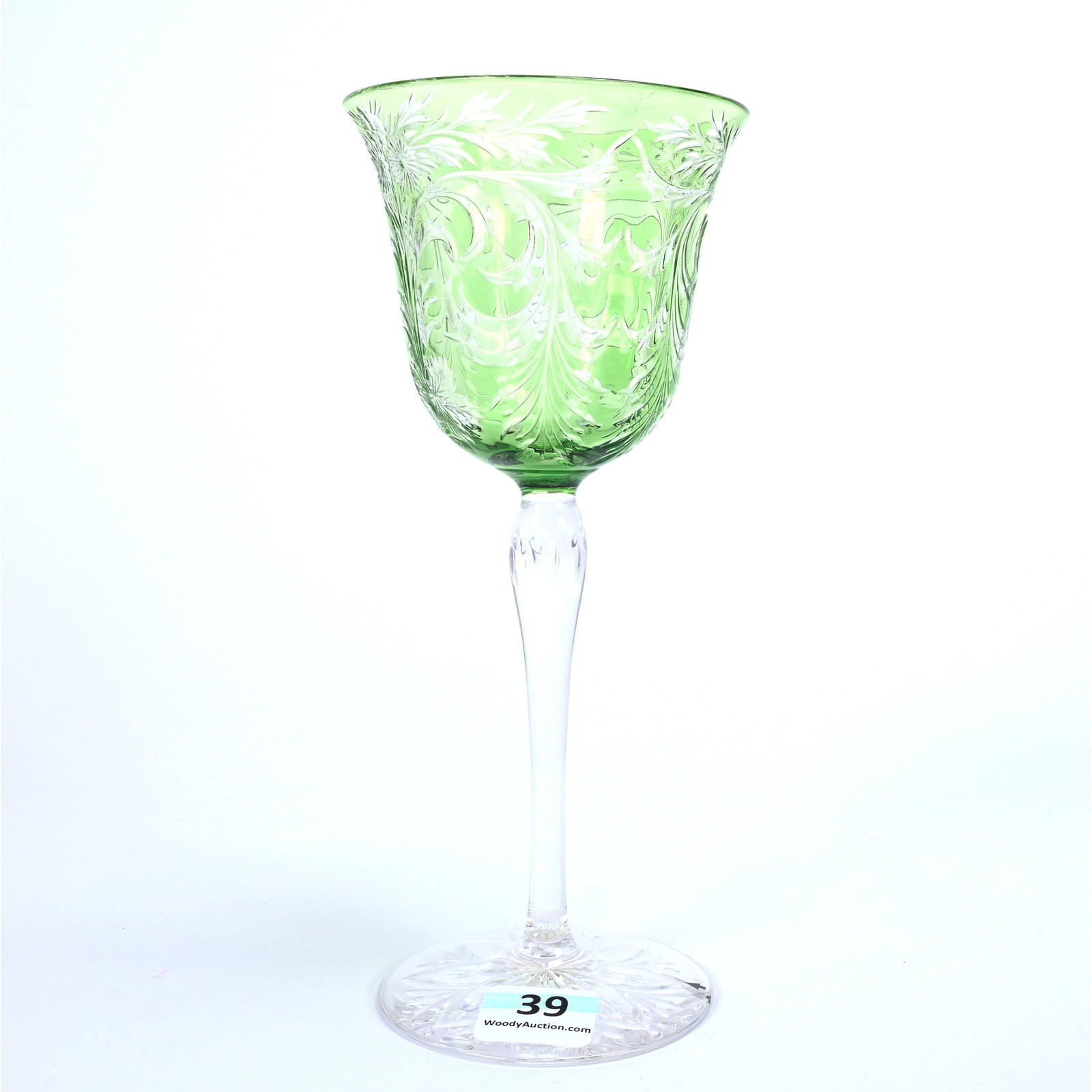 Wine Stem, American Brilliant Cut Glass, Signed Sinclaire, Green Cut To Clear: Wine Stem, American Brilliant Cut Glass, Signed Sinclaire, Green Cut To Clear, 6.75" x 3", Engraved Floral And Scroll Design, Pattern Engraved Foot, American Cut Glass Association Collection.