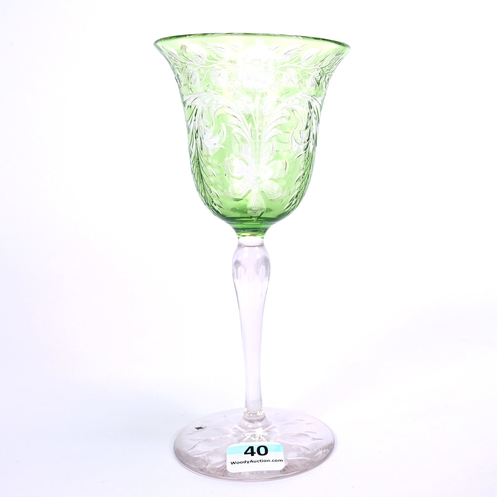 Wine Stem, ABCG, Green Cut To Clear, Signed Hawkes, Engraved Floral And Leaf Design: Wine Stem, American Brilliant Cut Glass, Green Cut To Clear, Signed Hawkes, Engraved Floral And Leaf Design, 6.25" x 2.875", Pattern Engraved Foot, American Cut Glass Association Collection.