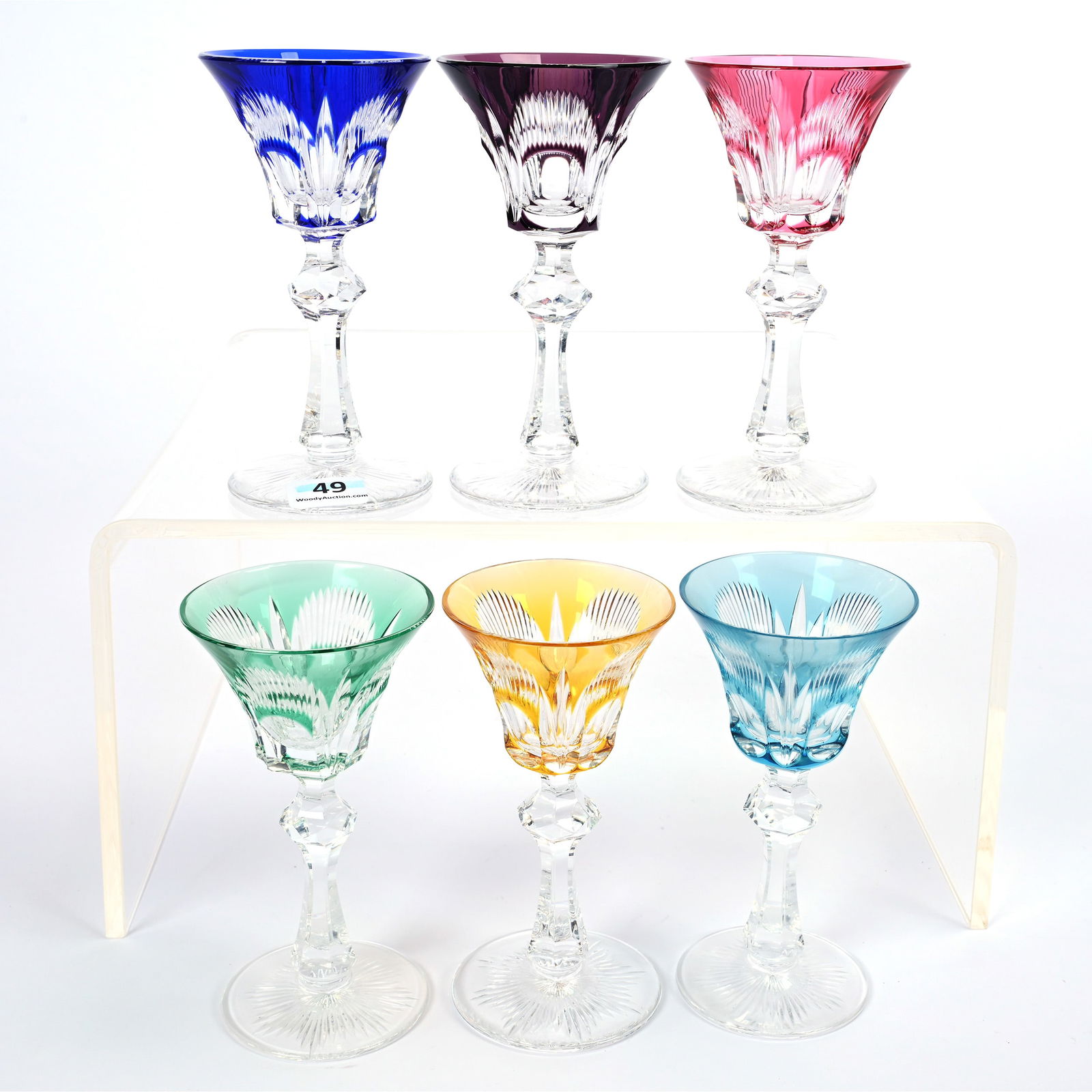 (6) Cordial Stems, BPCG, Color Cut To Clear, Bullseye, Miter & Fan Motif, Ray Cut Foot, (1) Cob (1 of 2)