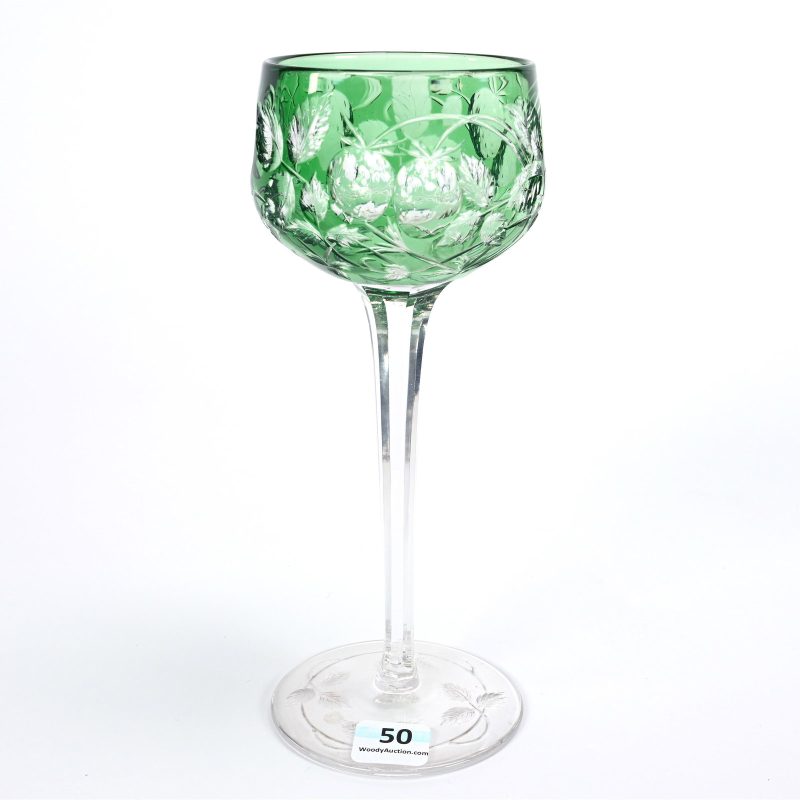 Wine Stem, BPCG, Green Cut To Clear, Engraved Strawberry Decor, Attributed To Baccarat: Wine Stem, Brilliant Period Cut Glass, Green Cut To Clear, Engraved Strawberry Decor, Attributed To Baccarat, 7.75" x 3", Pattern Engraved Foot, Missouri Private Collection.