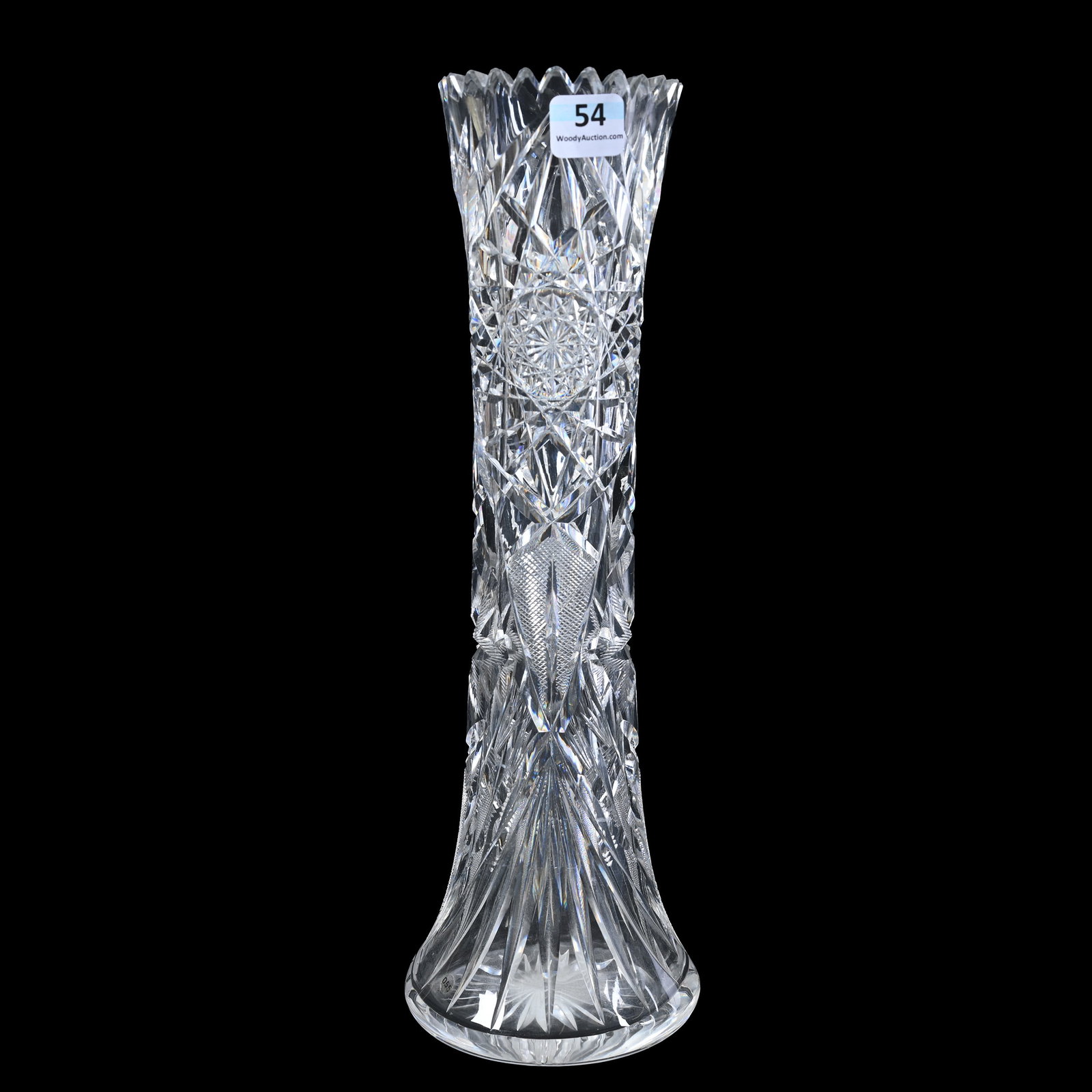 Vase, American Brilliant Cut Glass, Signed Tuthill: Vase, American Brilliant Cut Glass, Signed Tuthill, 12" x 4", Hobstar, Strawberry Diamond, Flashed Star, Prism And Fan Motif, Ray Cut Base, Indiana Private Collection.