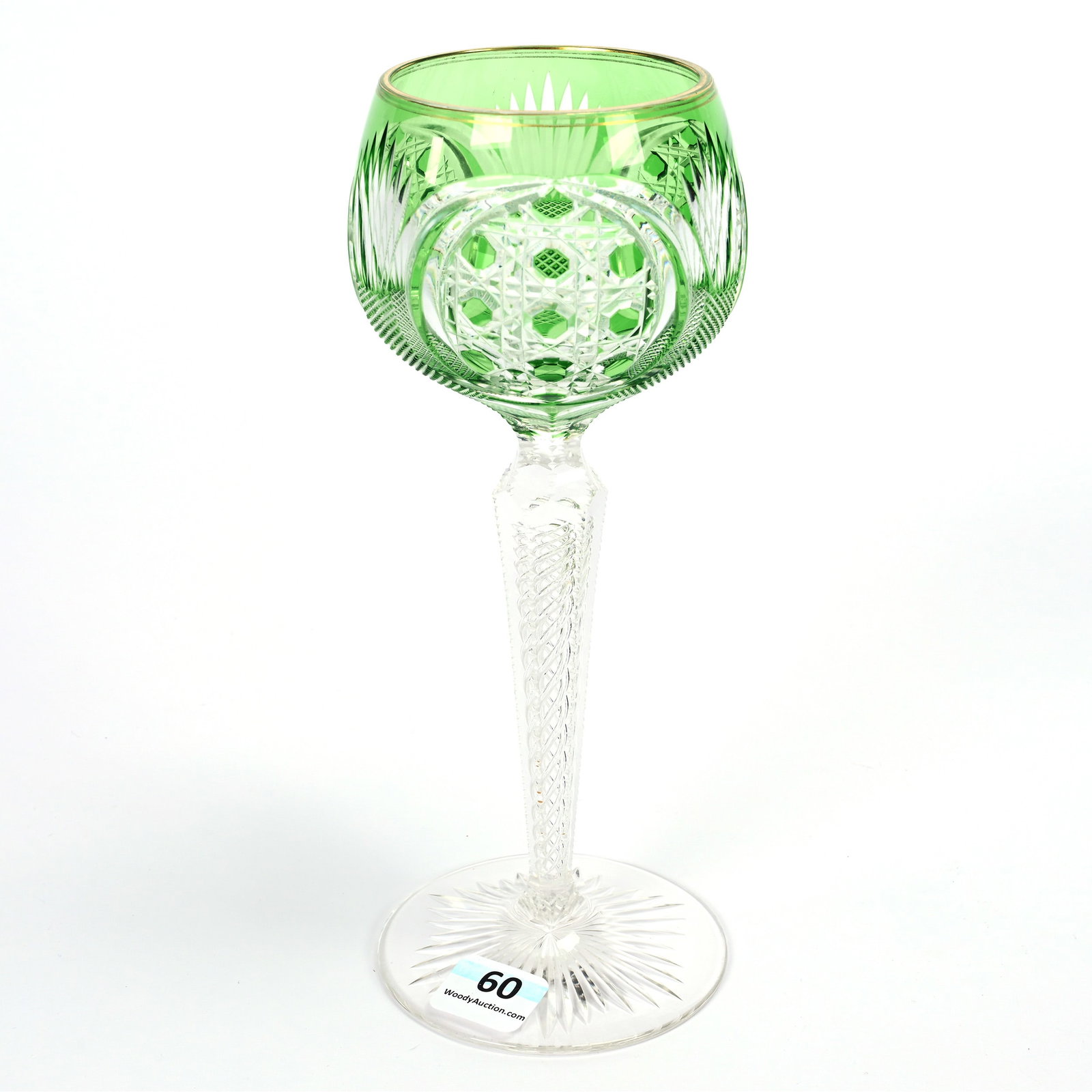 Wine Stem, Brilliant Period Cut Glass, Green Cut To Clear: Wine Stem, Brilliant Period Cut Glass, Green Cut To Clear, 7.75" x 3", Cane, Strawberry Diamond And Fan Motif, Air Twist Stem, Ray Cut Foot, Indiana Private Collection.