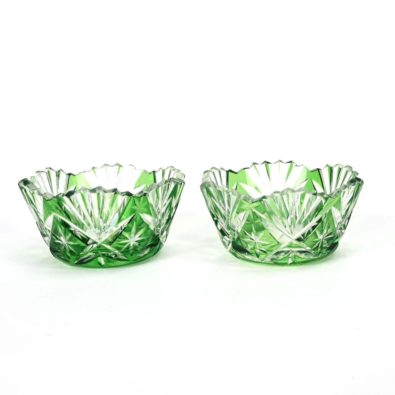 Pair Salt Dips, Brilliant Period Cut Glass, Green Cut To Clear (1 of 2)