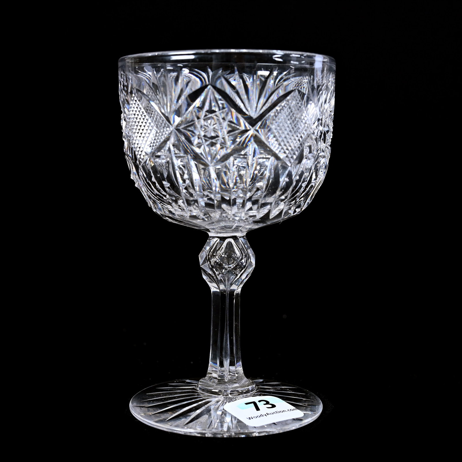 Wine Stem, American Brilliant Cut Glass, Prism Pattern Attributed To Pitkin & Brooks: Wine Stem, American Brilliant Cut Glass, Prism Pattern Attributed To Pitkin & Brooks, 4.5" x 2.75", Ray Cut Foot, Indiana Private Collection.