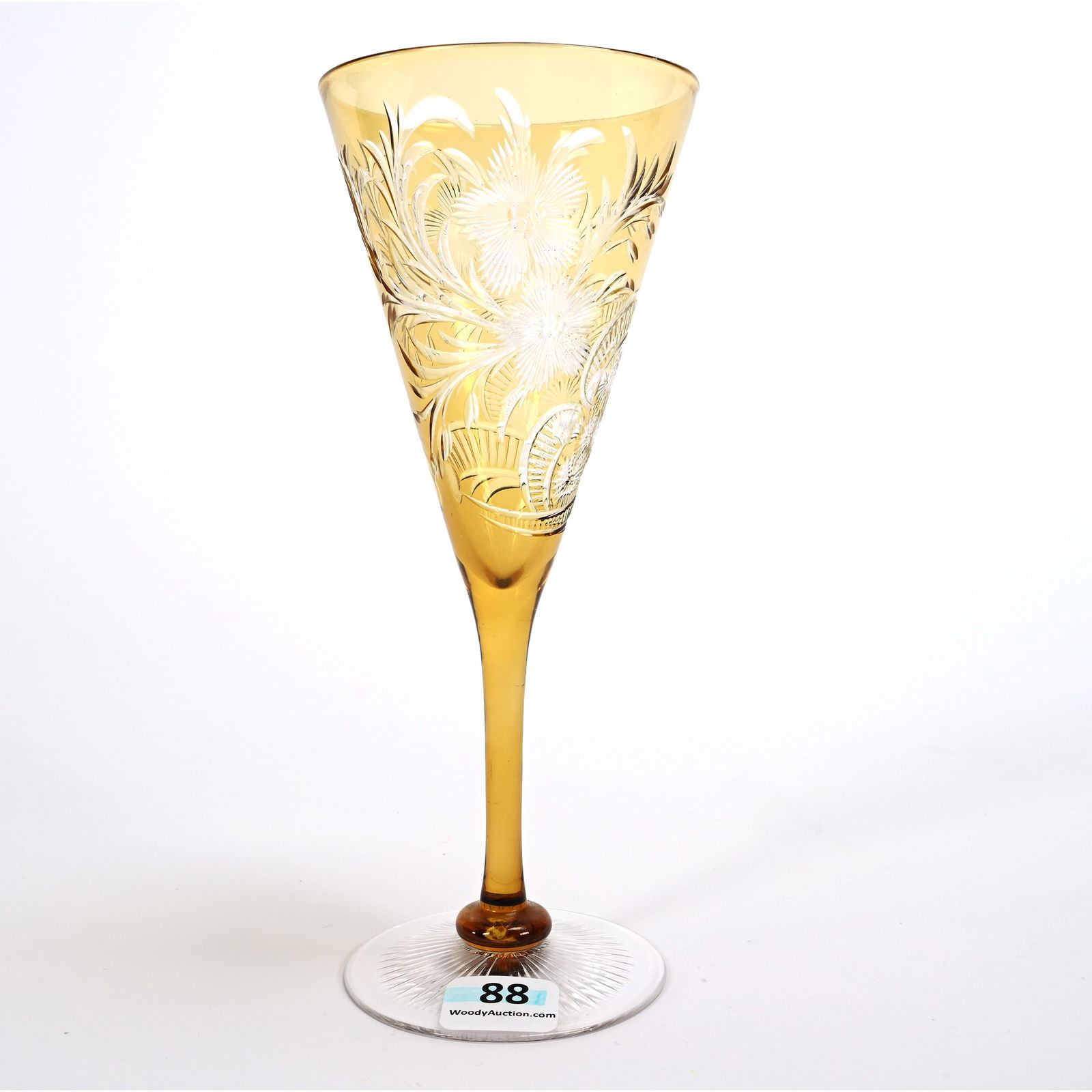 Flute Champagne Stem, BPCG, Amber Cut To Clear, Engraved Floral And Rococo Design (1 of 2)