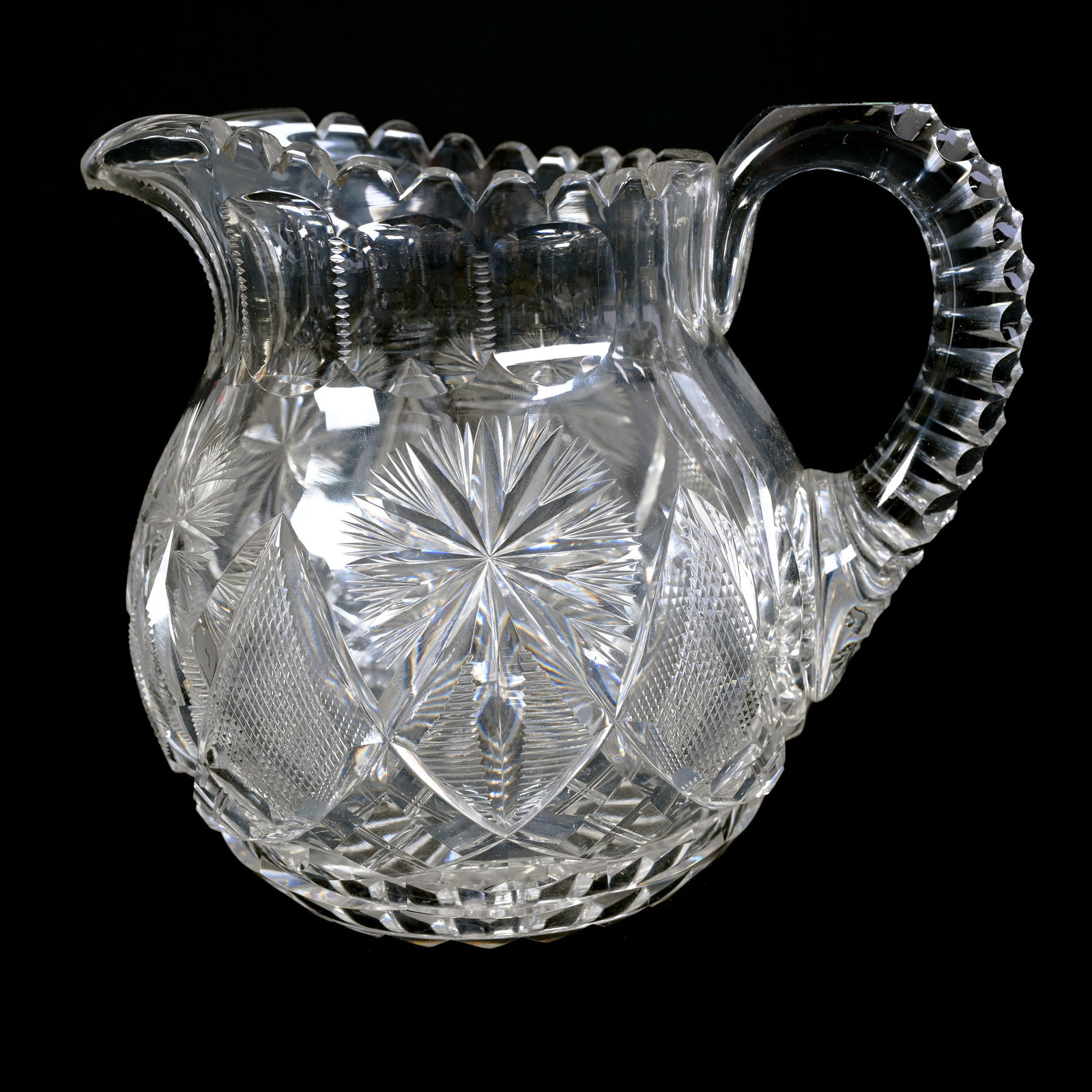 Pitcher, American Brilliant Cut Glass, Zenda Pattern, Signed Libbey: Pitcher, American Brilliant Cut Glass, Zenda Pattern, Signed Libbey, 7" x 8.25", Strawberry Diamond, Miter, Crosshatch And Fan Motif, Triple Notched Handle, Ray Cut Base, The Late Linda Guyer Collecti