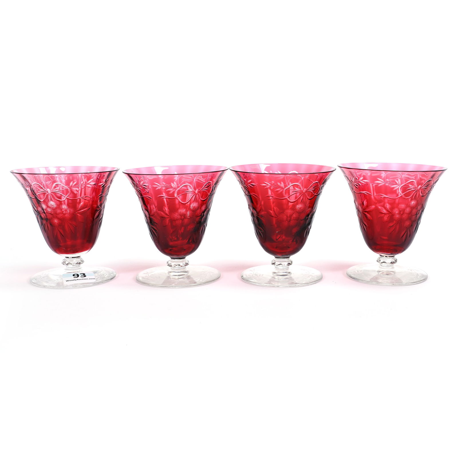 (4) Pedestal Sherbets, BPCG, Red Cut To Clear, Engraved Floral And Bowtie Design (1 of 2)