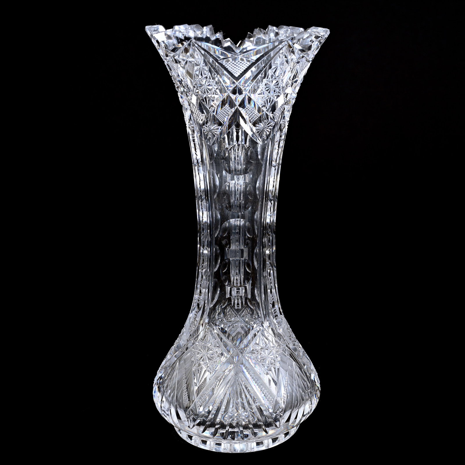 Vase, ABCG, Hobstar, Strawberry Diamond, Bullseye, Prism And Fan Motif: Vase, American Brilliant Cut Glass, Hobstar, Strawberry Diamond, Bullseye, Prism And Fan Motif, 10.25" x 4.5", Hobstar Base, The Late Linda Guyer Collection, NY.