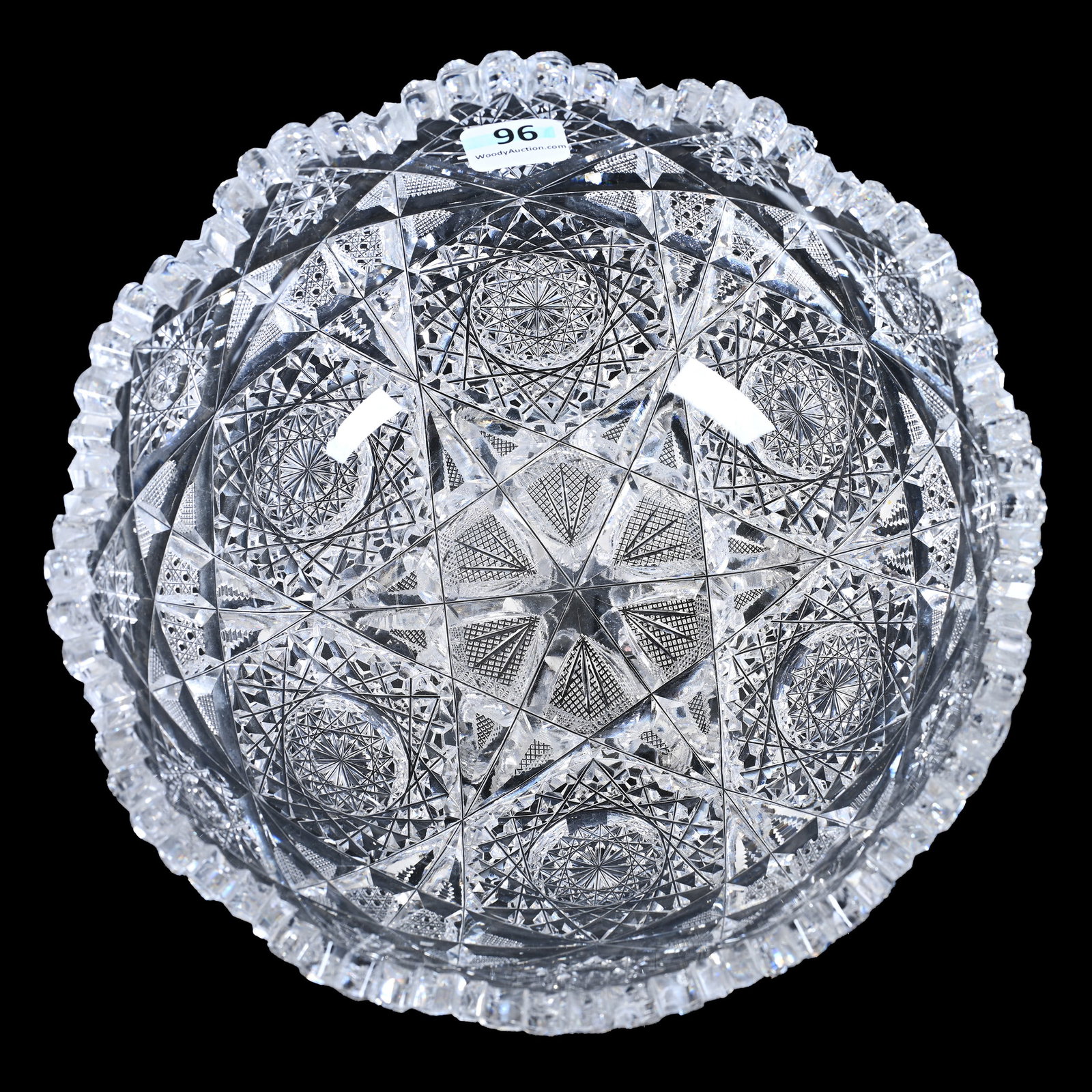 Bowl, American Brilliant Cut Glass, Well Cut: Bowl, American Brilliant Cut Glass, Well Cut, 3.75" x 8", Hobstar, Strawberry Diamond, Cane And Fan Motif, The Late Linda Guyer Collection, NY.