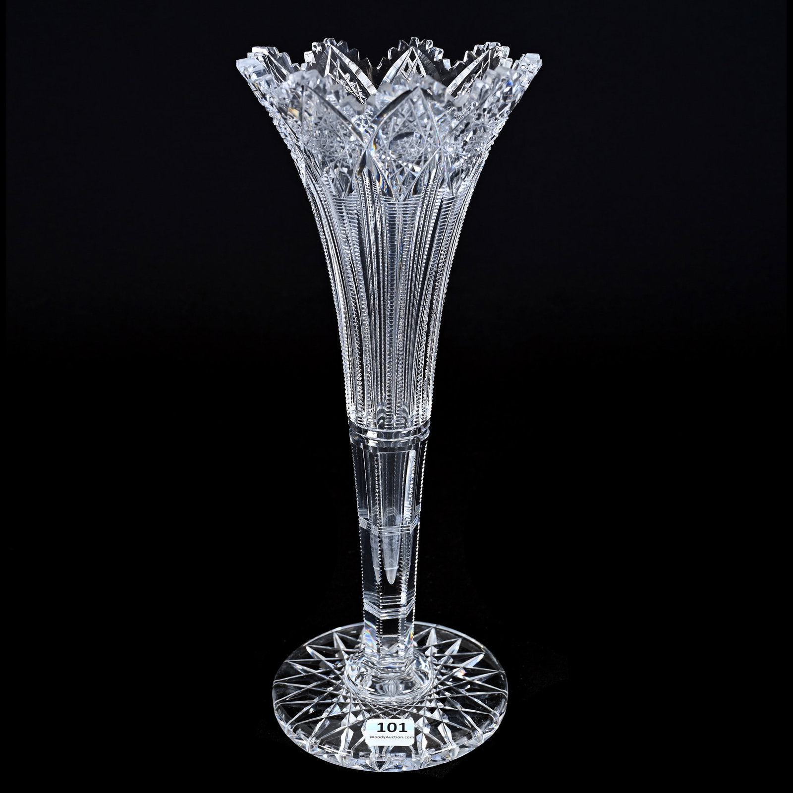 Trumpet Vase, ABCG, Signed Hawkes Brunswick Pattern, Hobstar Foot: Trumpet Vase, American Brilliant Cut Glass, Signed Hawkes Brunswick Pattern, Hobstar Foot, 12" x 4.75", Outside Rim Tooth Chips, The Late Linda Guyer Collection, NY.