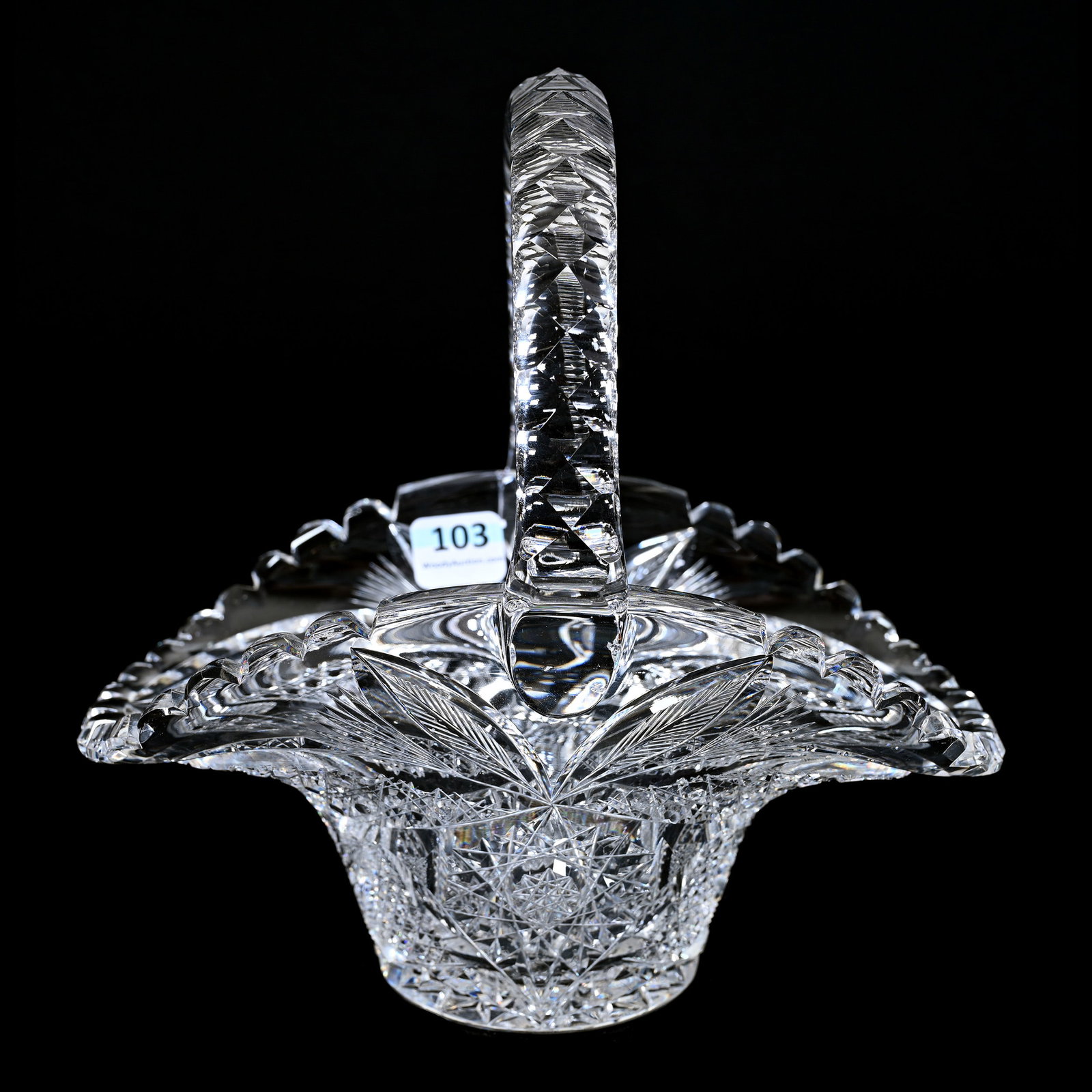 Basket, ABCG, Hobstar, Vesica, Cane, Nailhead Diamond, Feather And Fan Motif: Basket, American Brilliant Cut Glass, Hobstar, Vesica, Cane, Nailhead Diamond, Feather And Fan Motif, 7.75" x 7.75" x 5.75", Triple Notched Handle, Hobstar Base, The Late Linda Guyer Collection, NY.