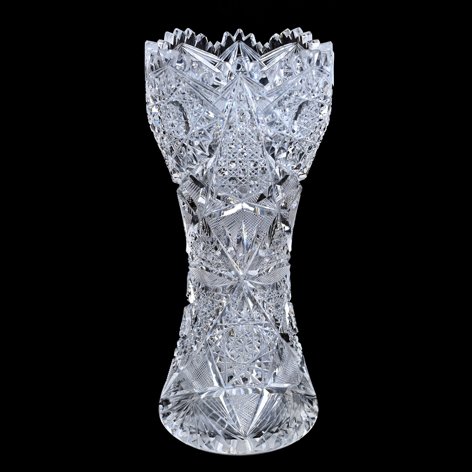 Vase, ABCG, Hobstar, Cane, Strawberry Diamond, Vesica And Fan Motif: Vase, American Brilliant Cut Glass, Hobstar, Cane, Strawberry Diamond, Vesica And Fan Motif, 9" x 4", Ray Cut Base, The Late Linda Guyer Collection, NY.
