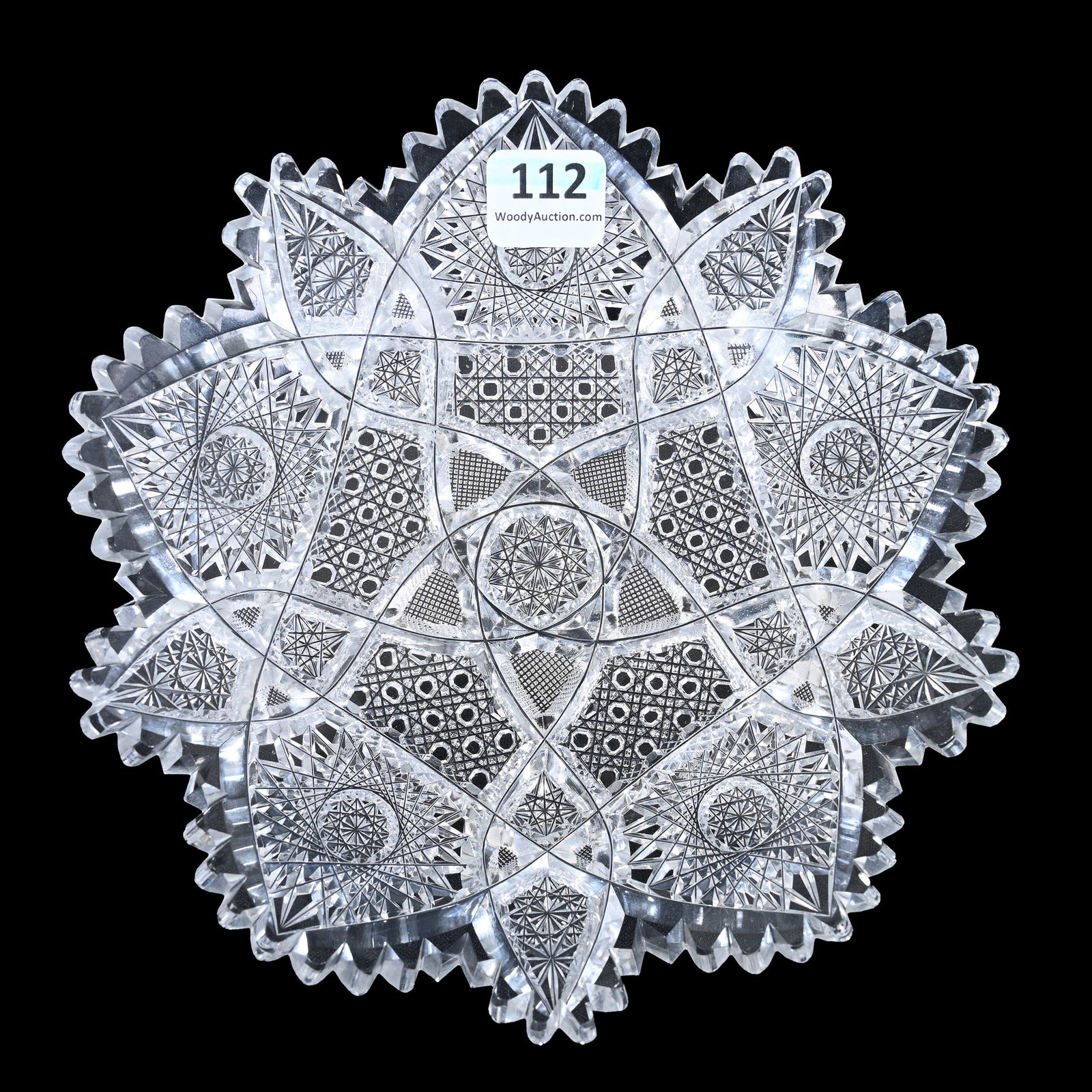 Plate, American Brilliant Cut Glass: Plate, American Brilliant Cut Glass, 6.75", Five Sections Of Hobstar, Vesica, Strawberry Diamond And Cane Motif, The Late Linda Guyer Collection, NY.