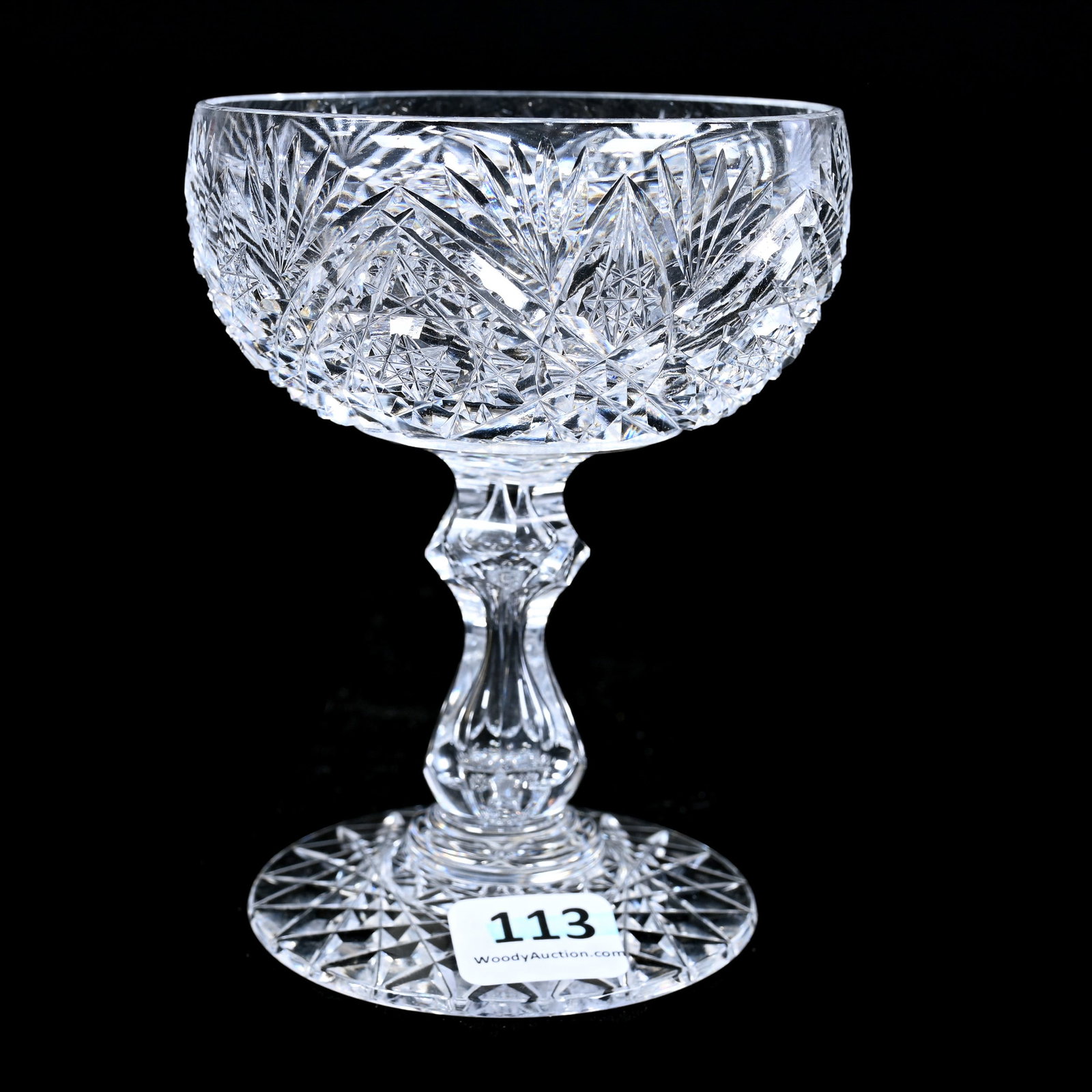 Champagne Stem, American Brilliant Cut Glass: Champagne Stem, American Brilliant Cut Glass, 4.5" x 3.25", Well Cut Hobstar, Vesica, Prism And Fan Motif, Hobstar Foot, The Late Linda Guyer Collection, NY.