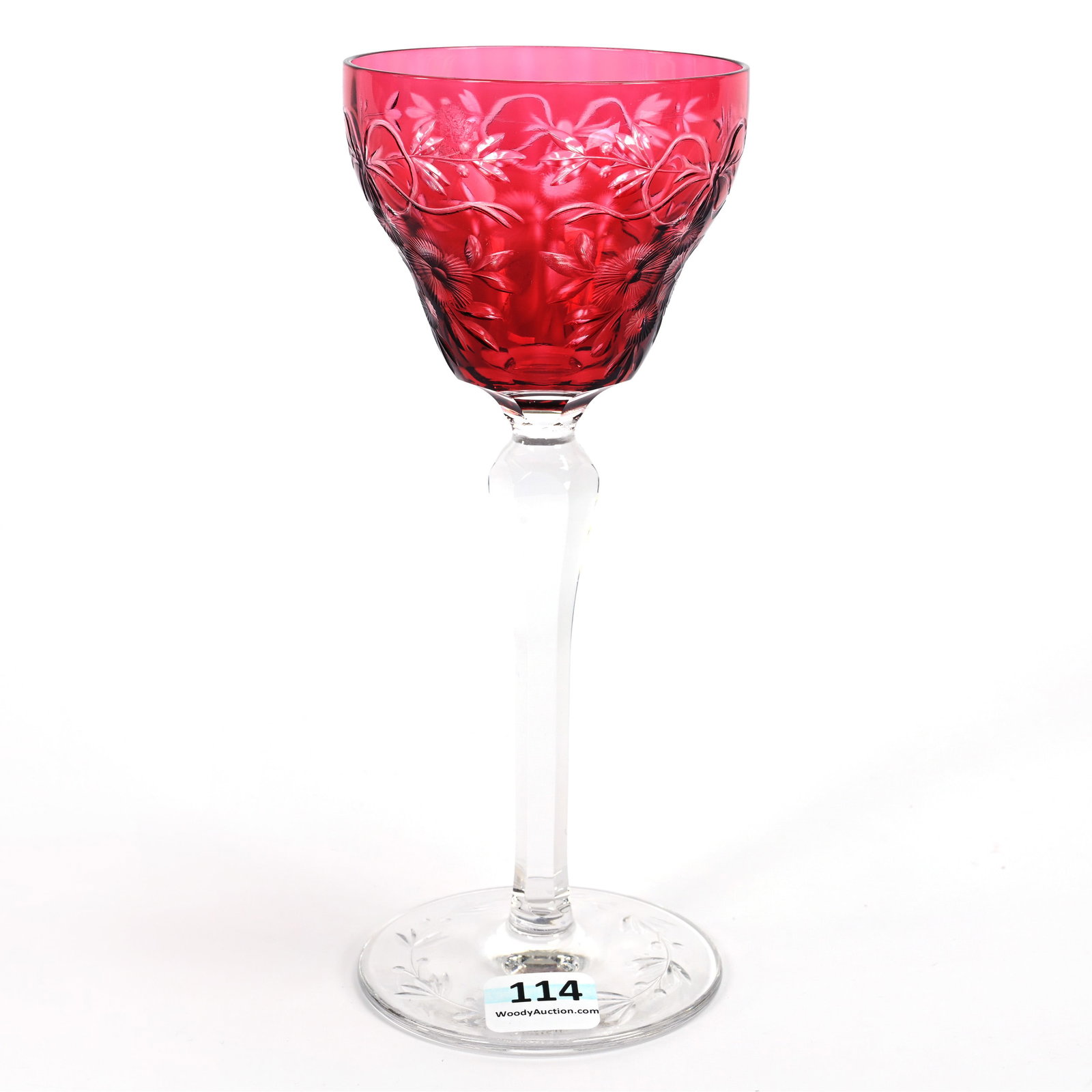Wine Stem, Brilliant Period Cut Glass, Red Cut To Clear: Wine Stem, Brilliant Period Cut Glass, Red Cut To Clear, 7.25" x 3", Engraved Floral And Bowtie Motif, The Late Linda Guyer Collection, NY.