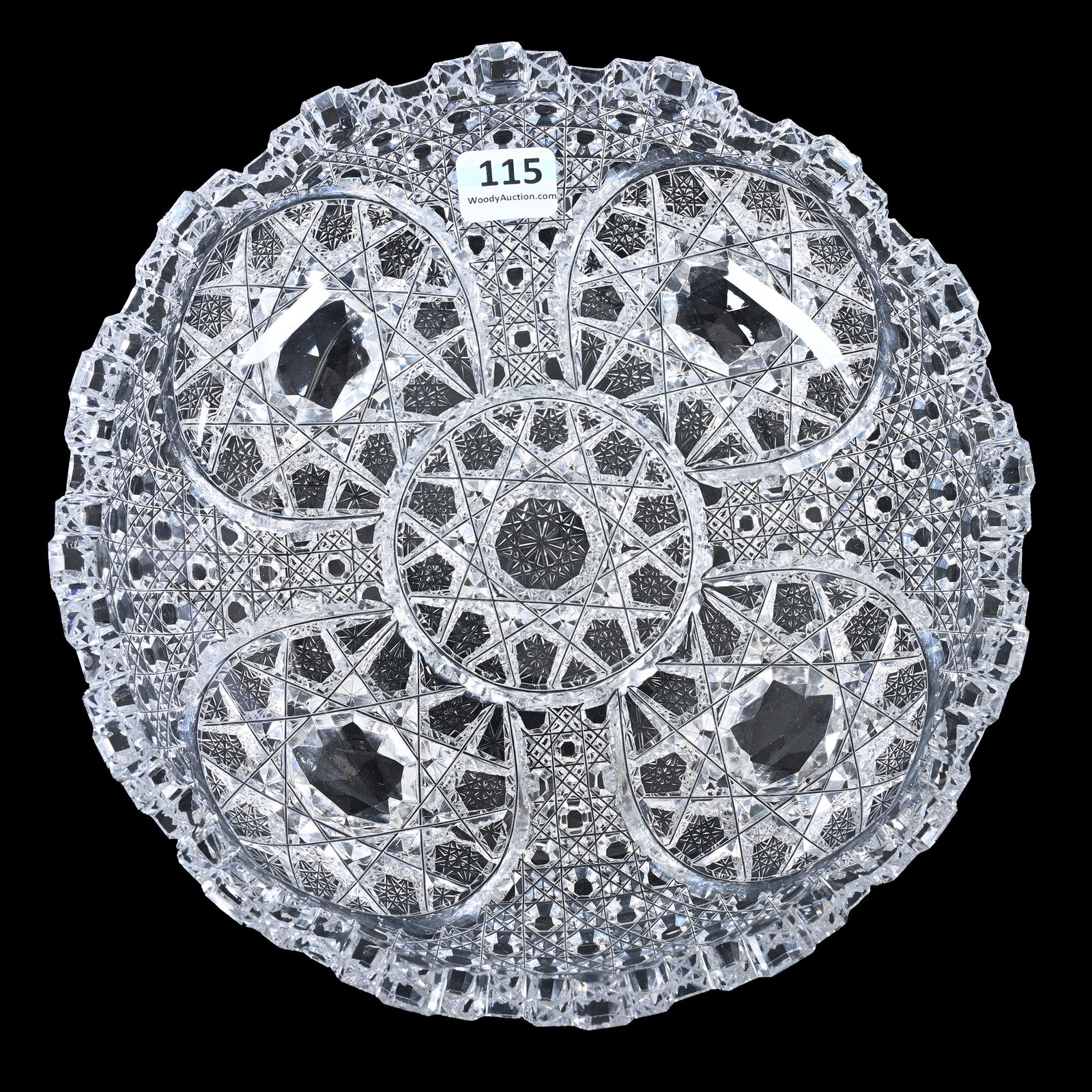 Low Bowl, American Brilliant Cut Glass: Low Bowl, American Brilliant Cut Glass, 2" x 8", Hobstar Cluster With Lapidary Centers, Cane Highlights, Castellated Edge, Corner Tooth Chip, Linda & The Late Gary Maddox Collection, NC.