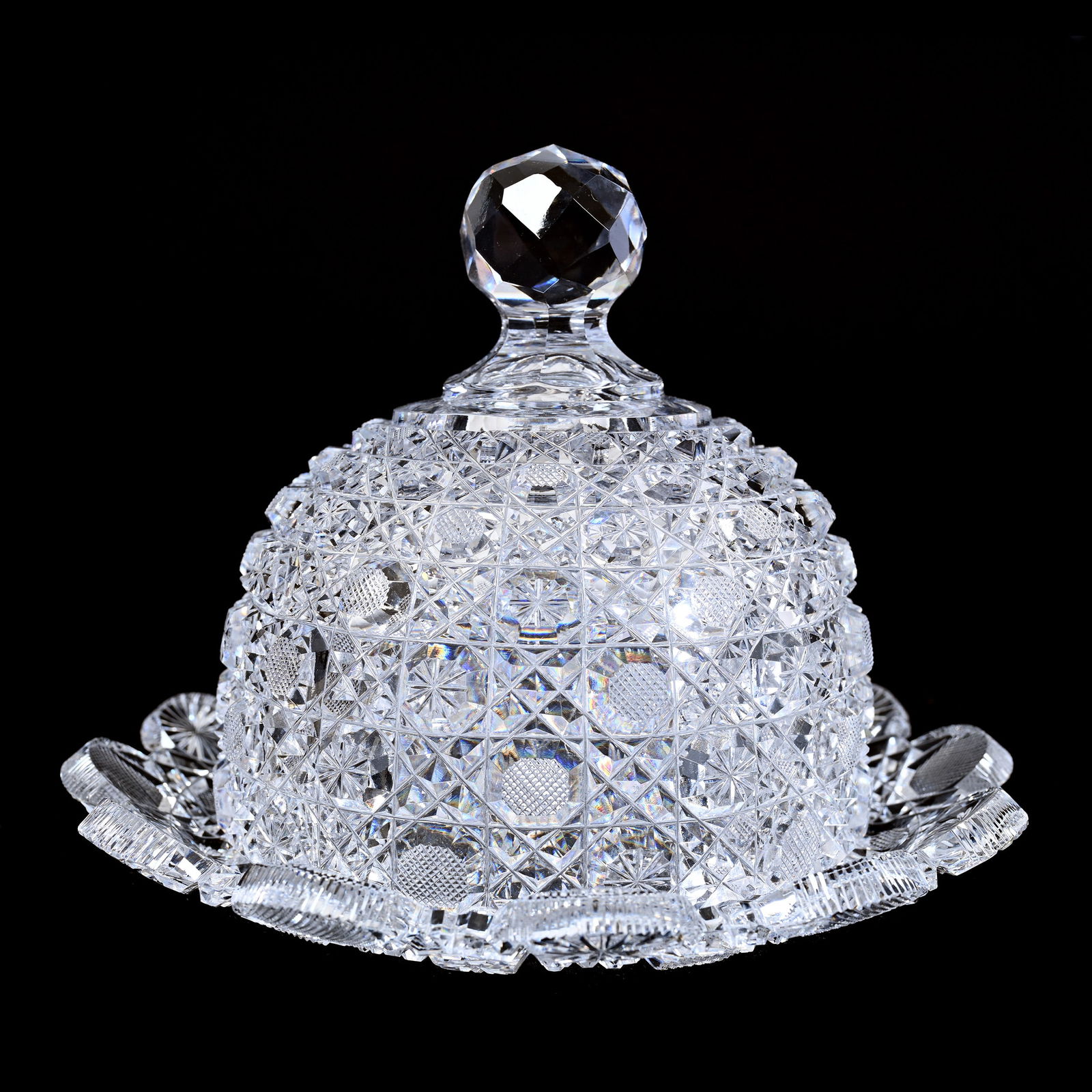 Covered Butterdish, American Brilliant Cut Glass, Full Harvard Cut Pattern (1 of 3)