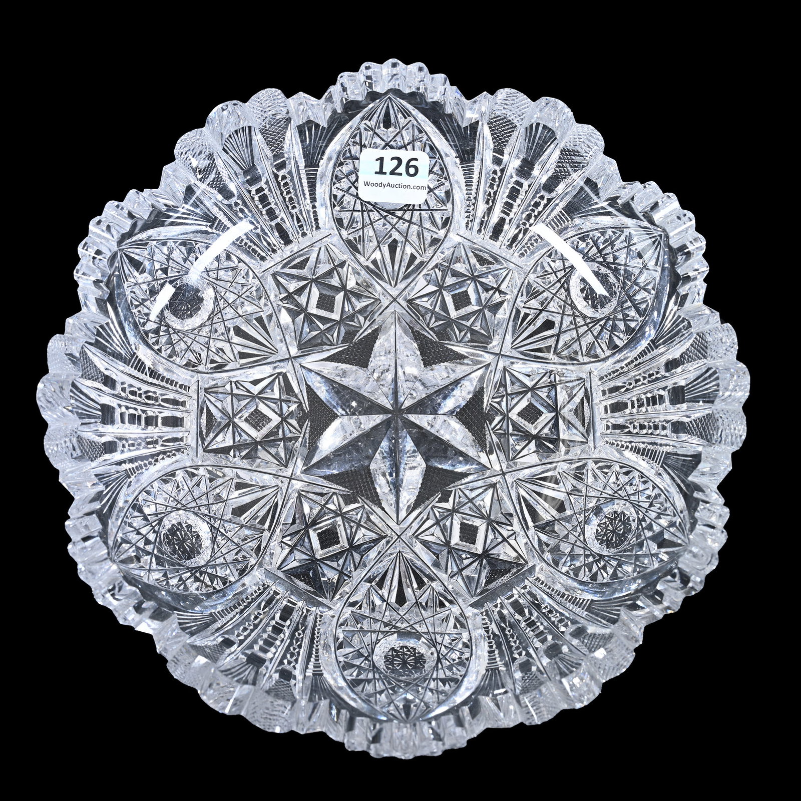 Low Bowl, American Brilliant Cut Glass: Low Bowl, American Brilliant Cut Glass, 2" x 7.75", Six Sections Of Hobstar Vesica, Prism, Star And Fan Motif, Some Edge Roughness, Linda & The Late Gary Maddox Collection, NC.