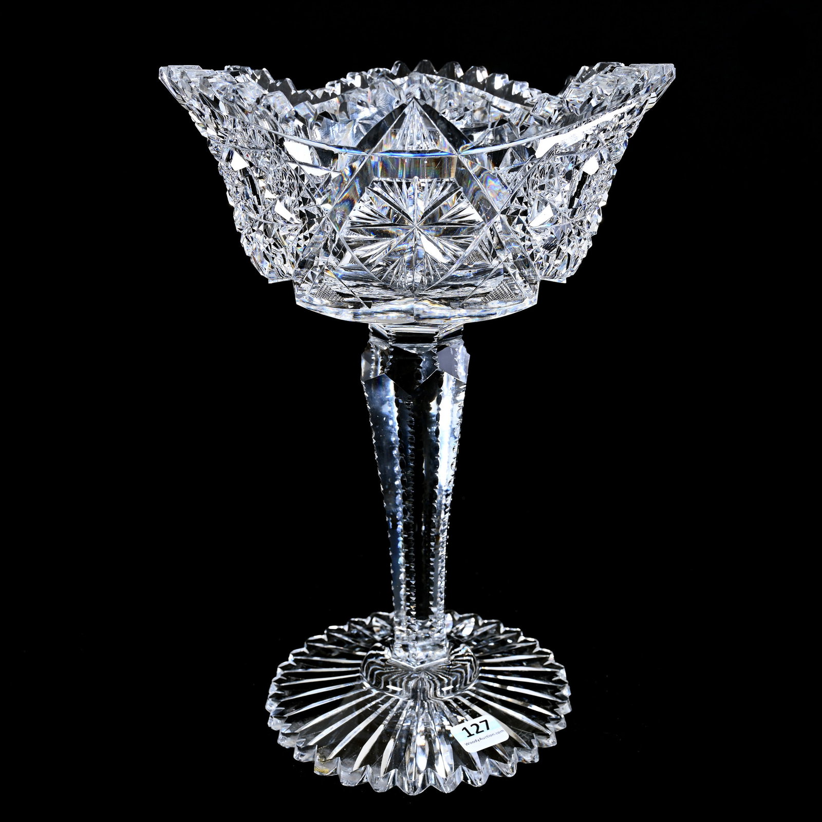 Compote, American Brilliant Cut Glass: Compote, American Brilliant Cut Glass, 11.5" x 7.75", Hobstar, Strawberry Diamond, Star And Fan Motif, Extra Clear Blank, Scalloped Ray Cut Foot, Tooth Chip And Sizable Interior Rim Chip, Linda & The 