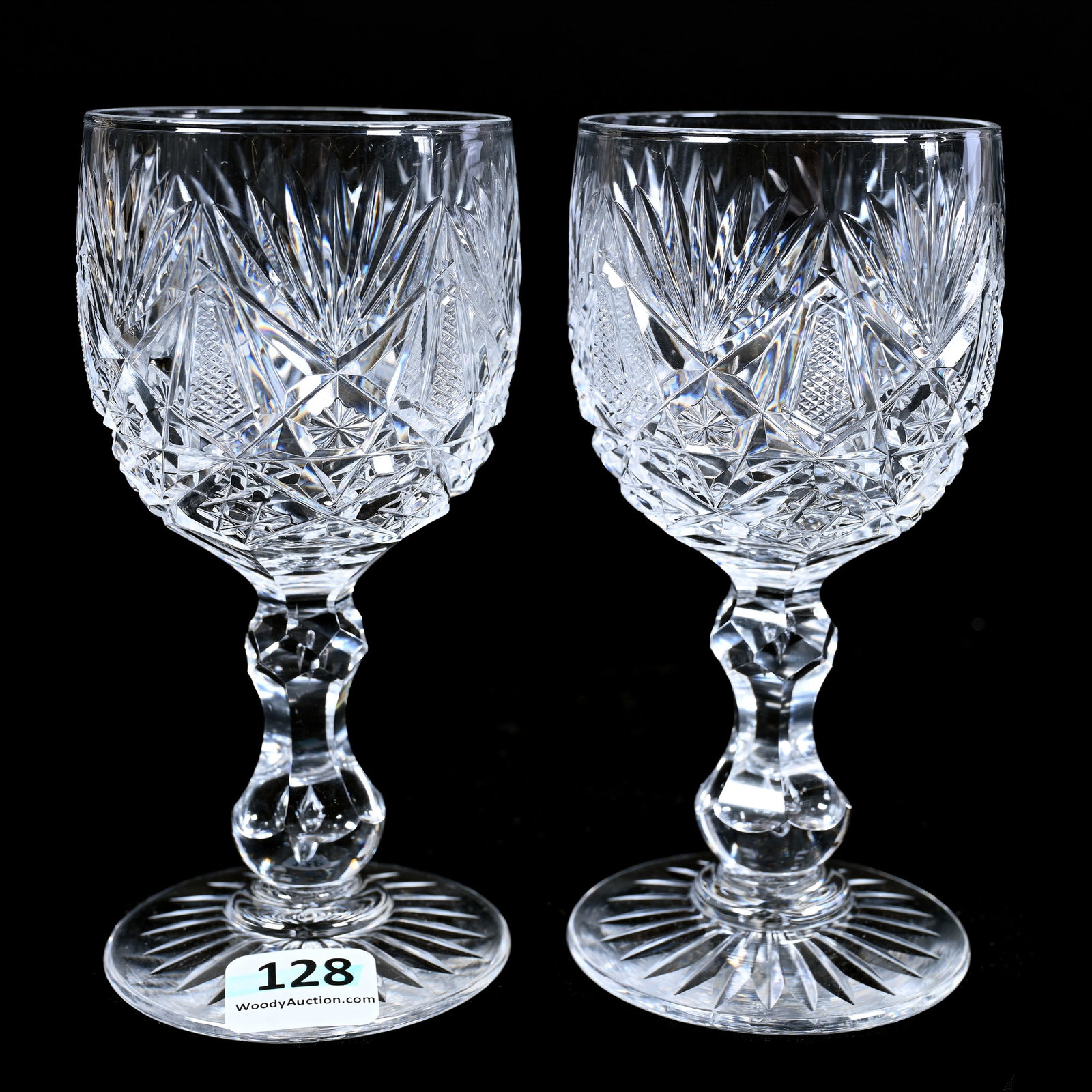 Pair Wine Stems, American Brilliant Cut Glass, Florence Pattern By Libbey: Pair Wine Stems, American Brilliant Cut Glass, Florence Pattern By Libbey, 5.25" x 2.5", Double Teardrop Stem, Ray Cut Foot, Linda & The Late Gary Maddox Collection, NC.