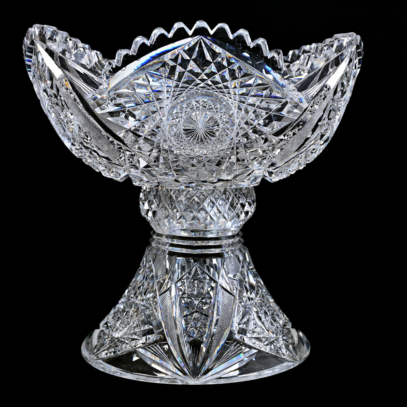 Punch Bowl, Two Part, American Brilliant Cut Glass: Punch Bowl, Two Part, American Brilliant Cut Glass, 9.5" x 10", Hobstar, Strawberry Diamond And Fan Motif, Pattern Matched Skirted Base, Linda & The Late Gary Maddox Collection, NC.