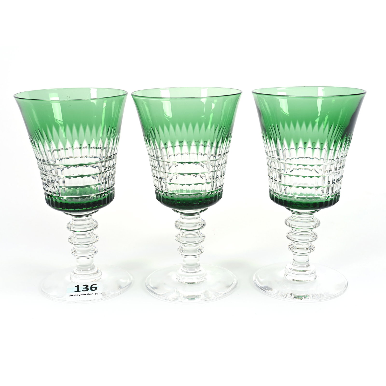 (3) Wine Stems, Brilliant Period Cut Glass, Green Cut To Clear: (3) Wine Stems, Brilliant Period Cut Glass, Green Cut To Clear, 4.875" x 2.625", Picket Fence Type Design, Linda & The Late Gary Maddox Collection, NC.