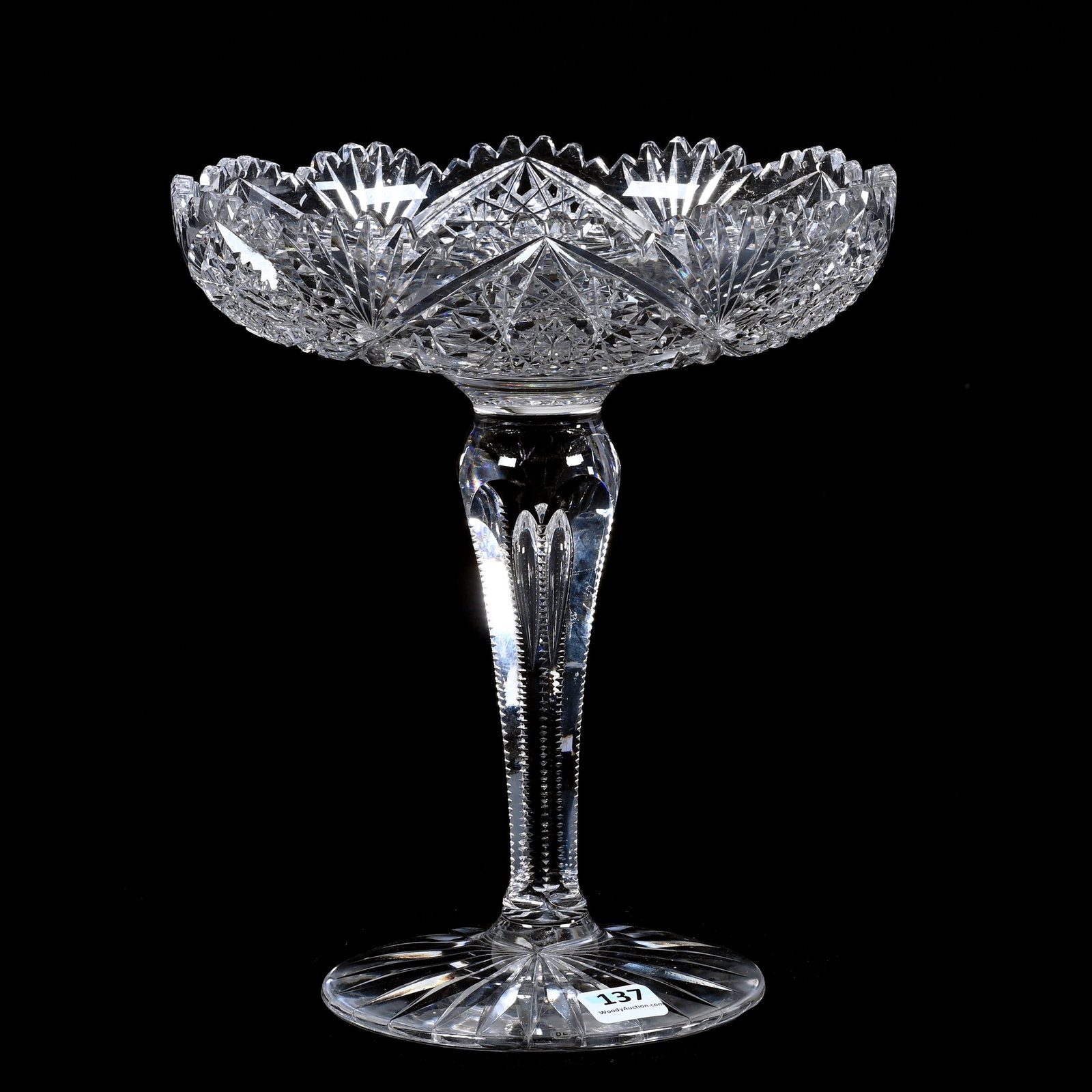 Compote, American Brilliant Cut Glass, Hobstar, Zipper And Fan Motif: Compote, American Brilliant Cut Glass, Hobstar, Zipper And Fan Motif, 9.5" x 8", Notched Teardrop Stem, Ray Cut Foot, Dr. Dallas & The Late Evelyn Nelson, KS.