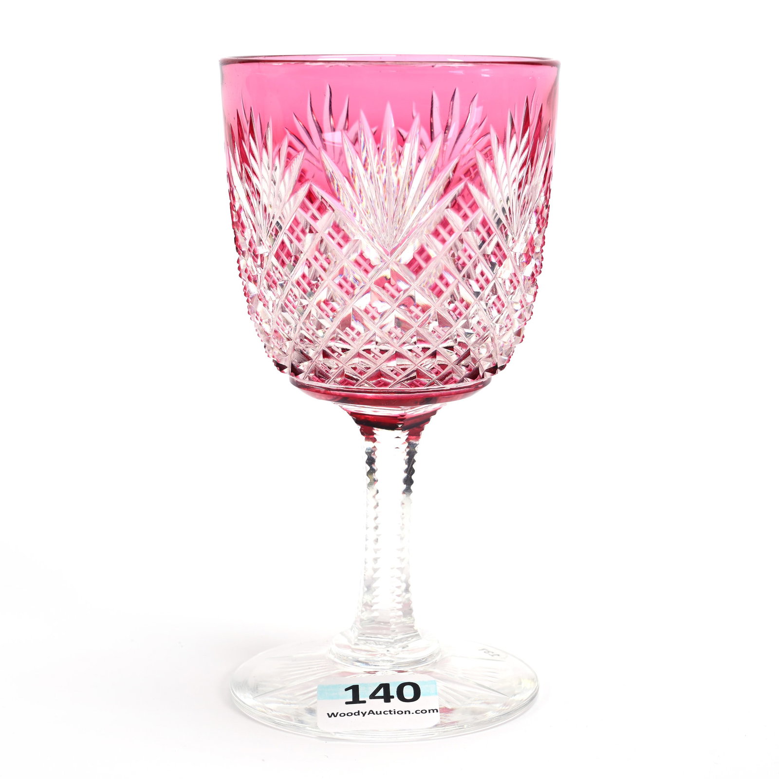 Wine Stem, American Brilliant Cut Glass, Cranberry Cut To Clear, Attributed To Dorflinger: Wine Stem, American Brilliant Cut Glass, Cranberry Cut To Clear, Attributed To Dorflinger, 4.75" x 2.5", Crosscut Diamond And Fan Motif, Brooklyn Star Foot, Dr. Dallas & The Late Evelyn Nelson, KS.