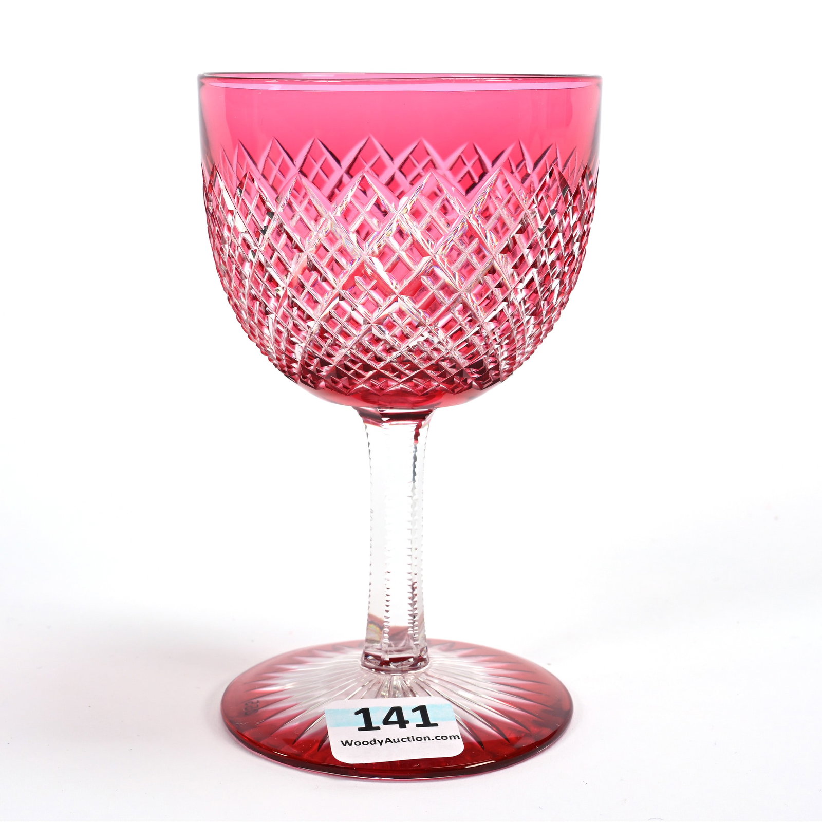 Wine Stem, American Brilliant Cut Glass, Red Cut To Clear: Wine Stem, American Brilliant Cut Glass, Red Cut To Clear, 4.5" x 2.75", Crosscut Diamond Motif, Colored Ray Cut Foot, Dr. Dallas & The Late Evelyn Nelson, KS.