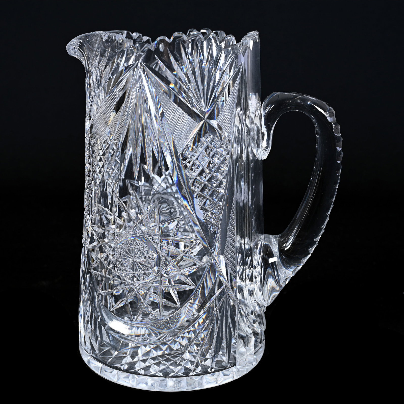 Pitcher, American Brilliant Cut Glass: Pitcher, American Brilliant Cut Glass, 9" x 7.25", Hobstar, Crosscut Diamond, Strawberry Diamond And Fan Motif, Triple Notched Handle, Hobstar Base, Dr. Dallas & The Late Evelyn Nelson, KS.