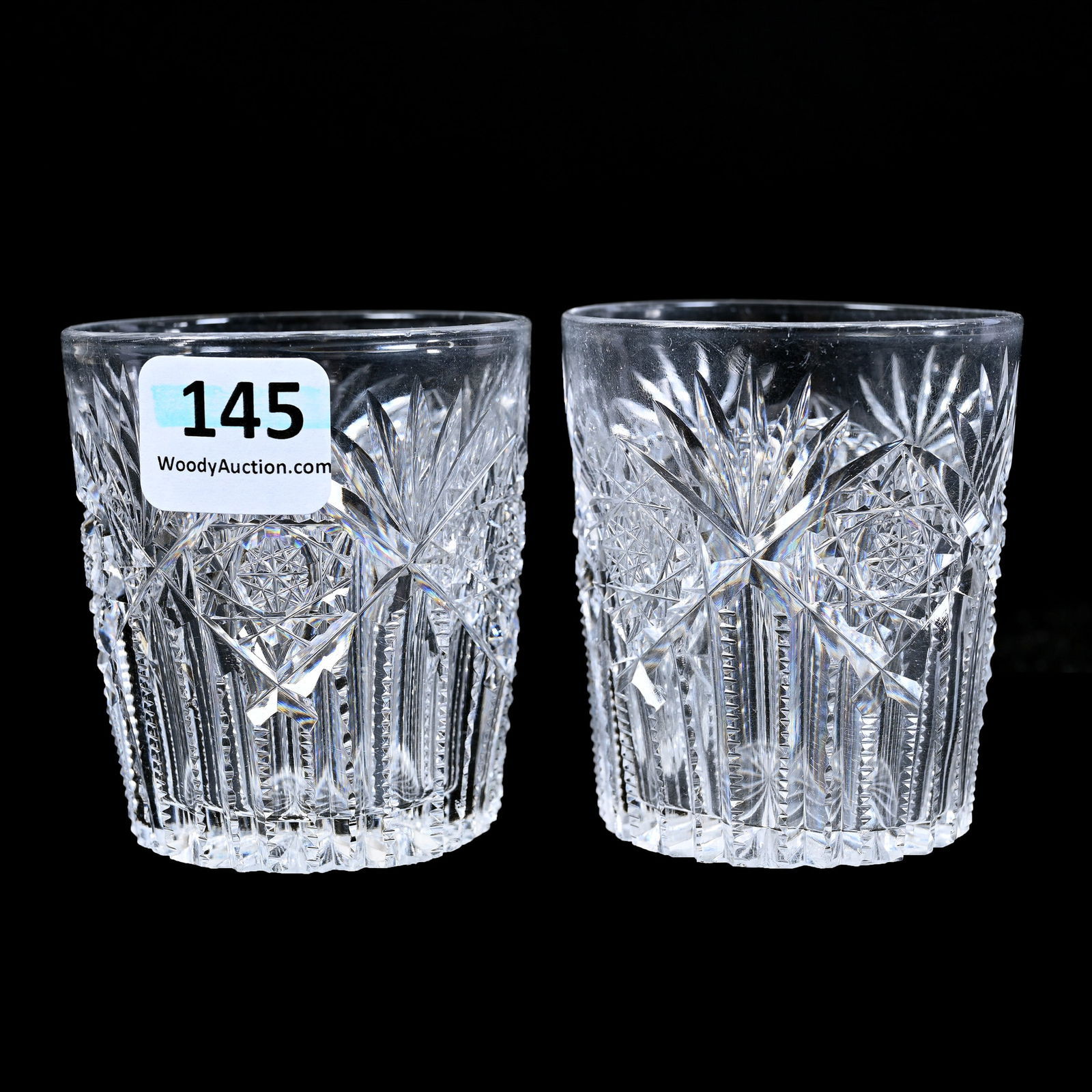 Pair Whiskey Tumblers, American Brilliant Cut Glass, Hindoo Pattern By J. Hoare, Ray Cut Base (1 of 2)