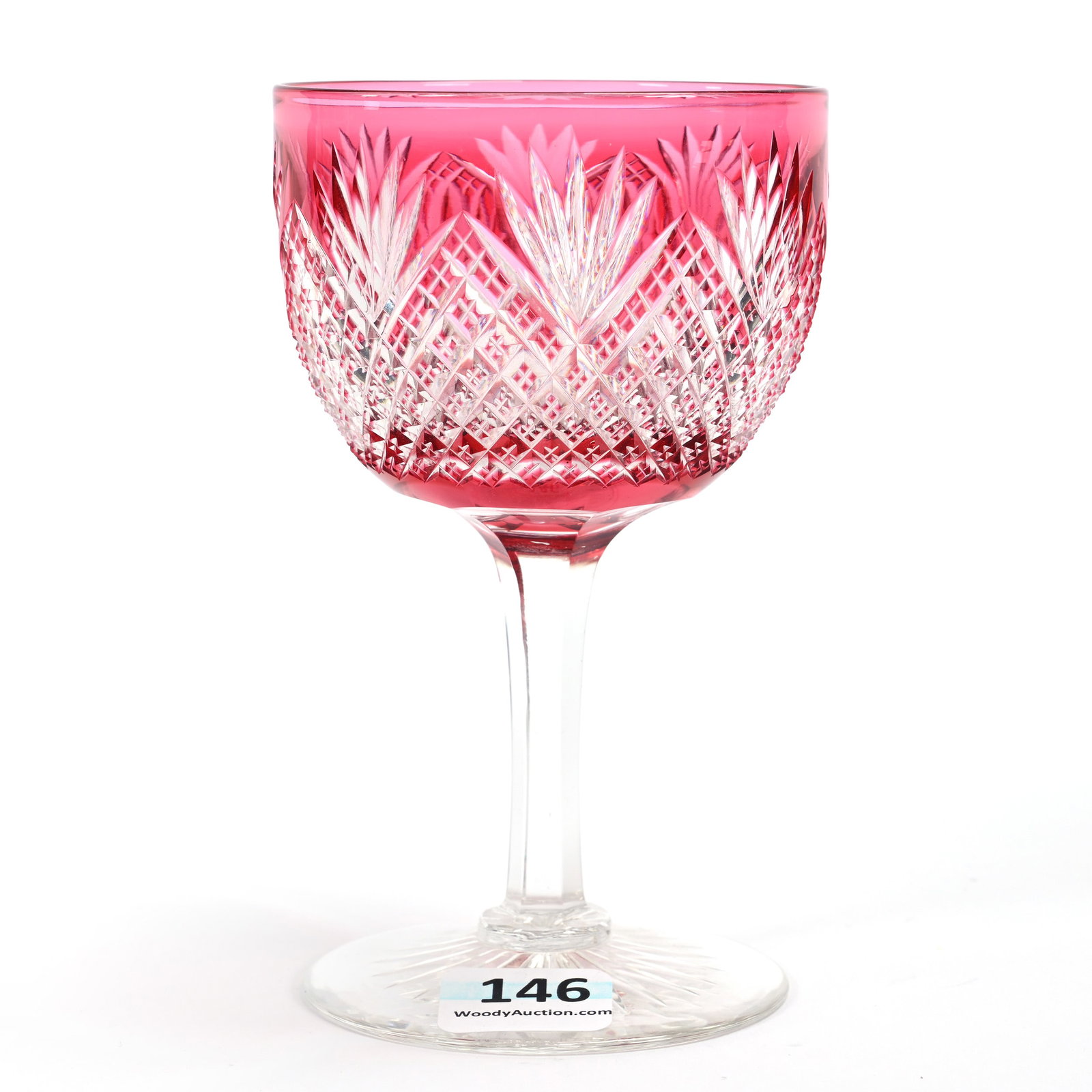 Wine Stem, American Brilliant Cut Glass, Cranberry Cut To Clear: Wine Stem, American Brilliant Cut Glass, Cranberry Cut To Clear, 4.75" x 2.75", Crosscut Diamond And Fan Motif, Ray Cut Foot, Dr. Dallas & The Late Evelyn Nelson, KS.