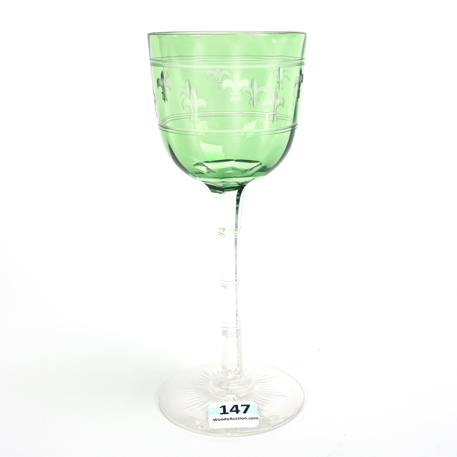 Wine Stem, American Brilliant Cut Glass, Green Cut To Clear, Signed Sinclaire, Engraved Fleur De Lys: Wine Stem, American Brilliant Cut Glass, Green Cut To Clear, Signed Sinclaire, Engraved Fleur De Lys Design, 6.75" x 2.625", Ray Cut Foot, Dr. Dallas & The Late Evelyn Nelson, KS.