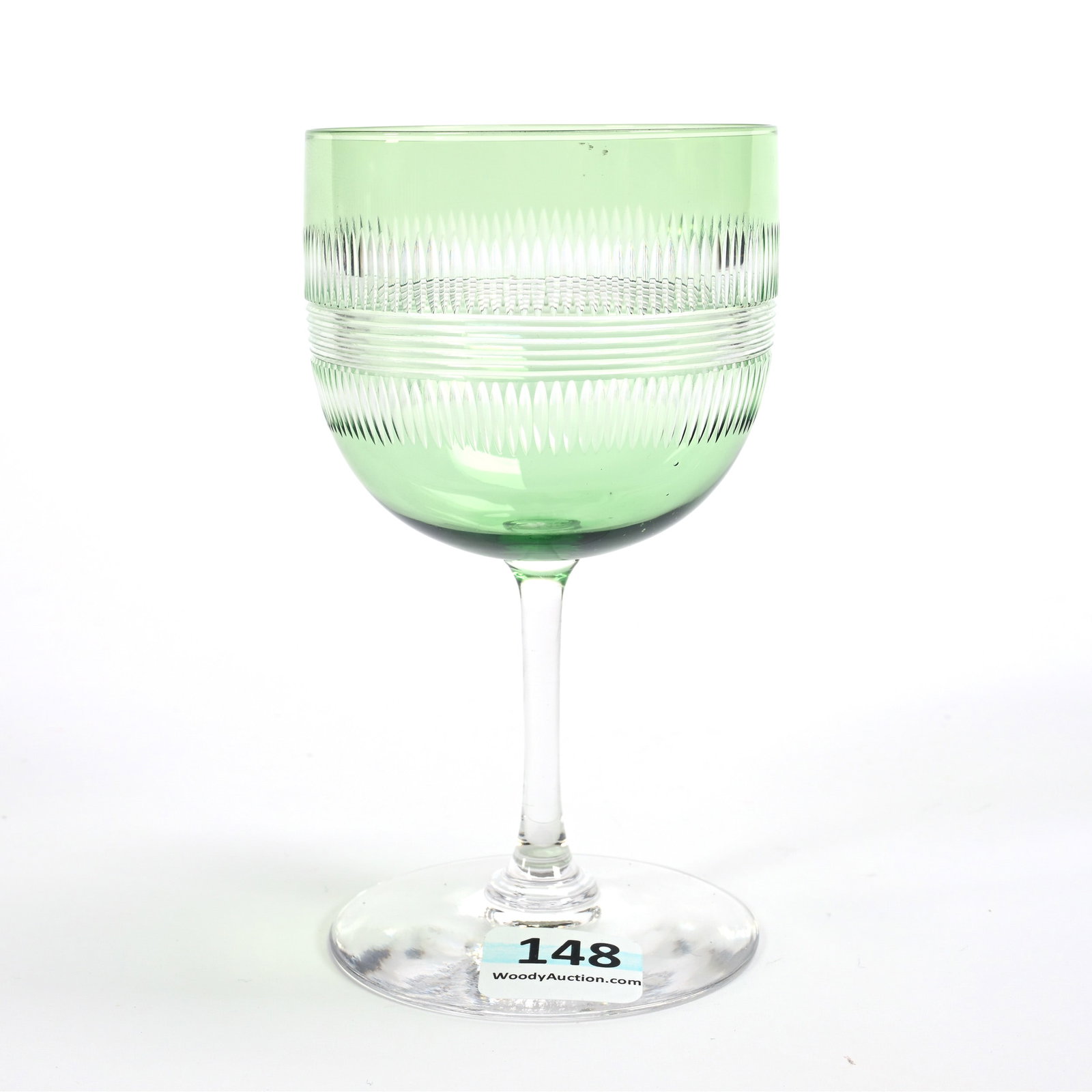 Wine Stem, American Brilliant Cut Glass, Green Cut To Clear: Wine Stem, American Brilliant Cut Glass, Green Cut To Clear, 4.5" x 2.5", Picket Fence Type Design, Delicate Stem, Dr. Dallas & The Late Evelyn Nelson, KS.