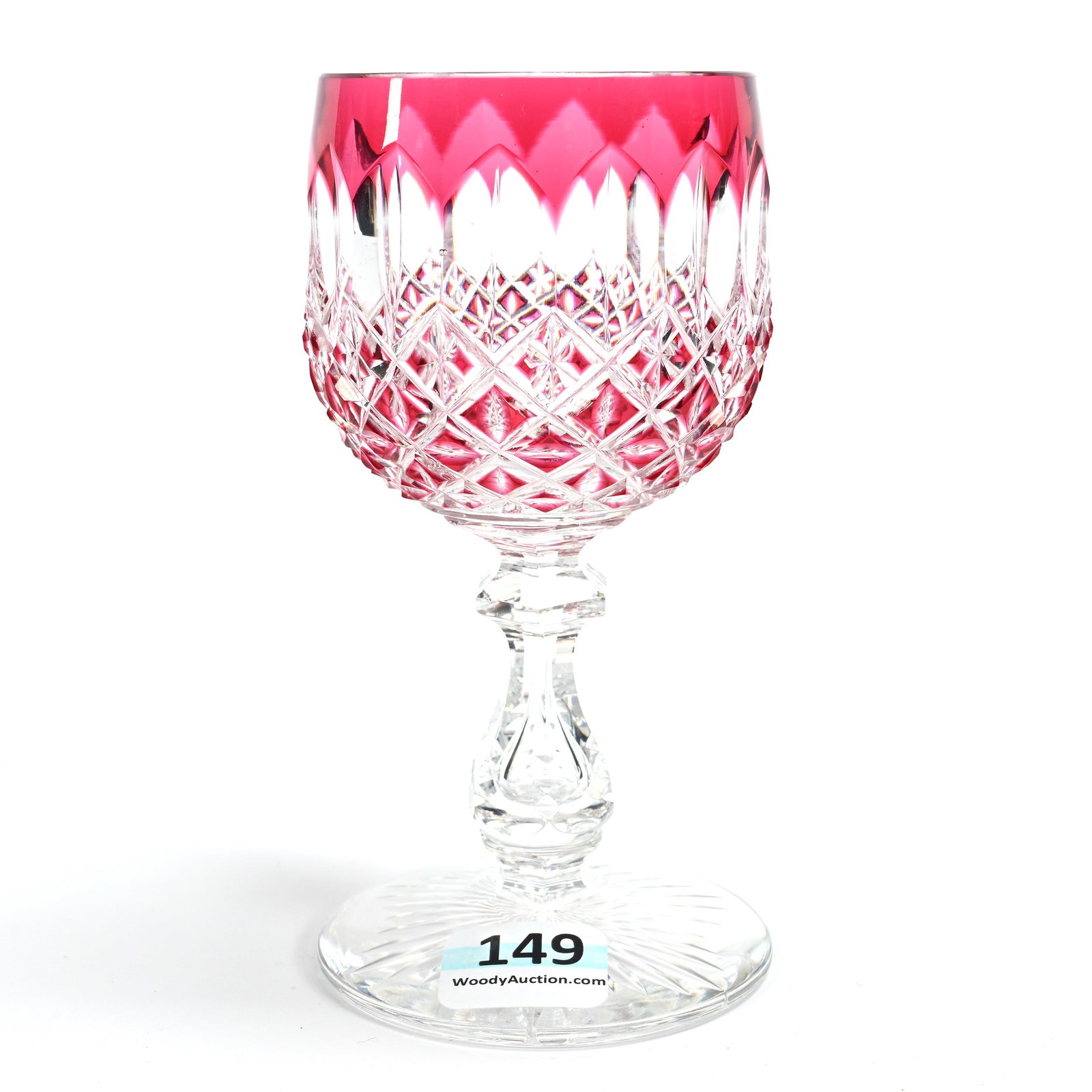 Wine Stem, American Brilliant Cut Glass, Cranberry Cut To Clear: Wine Stem, American Brilliant Cut Glass, Cranberry Cut To Clear, 4.75" x 2.5", Diamond, Star And Miter Motif, Notched Teardrop Stem, Ray Cut Foot, Dr. Dallas & The Late Evelyn Nelson, KS.
