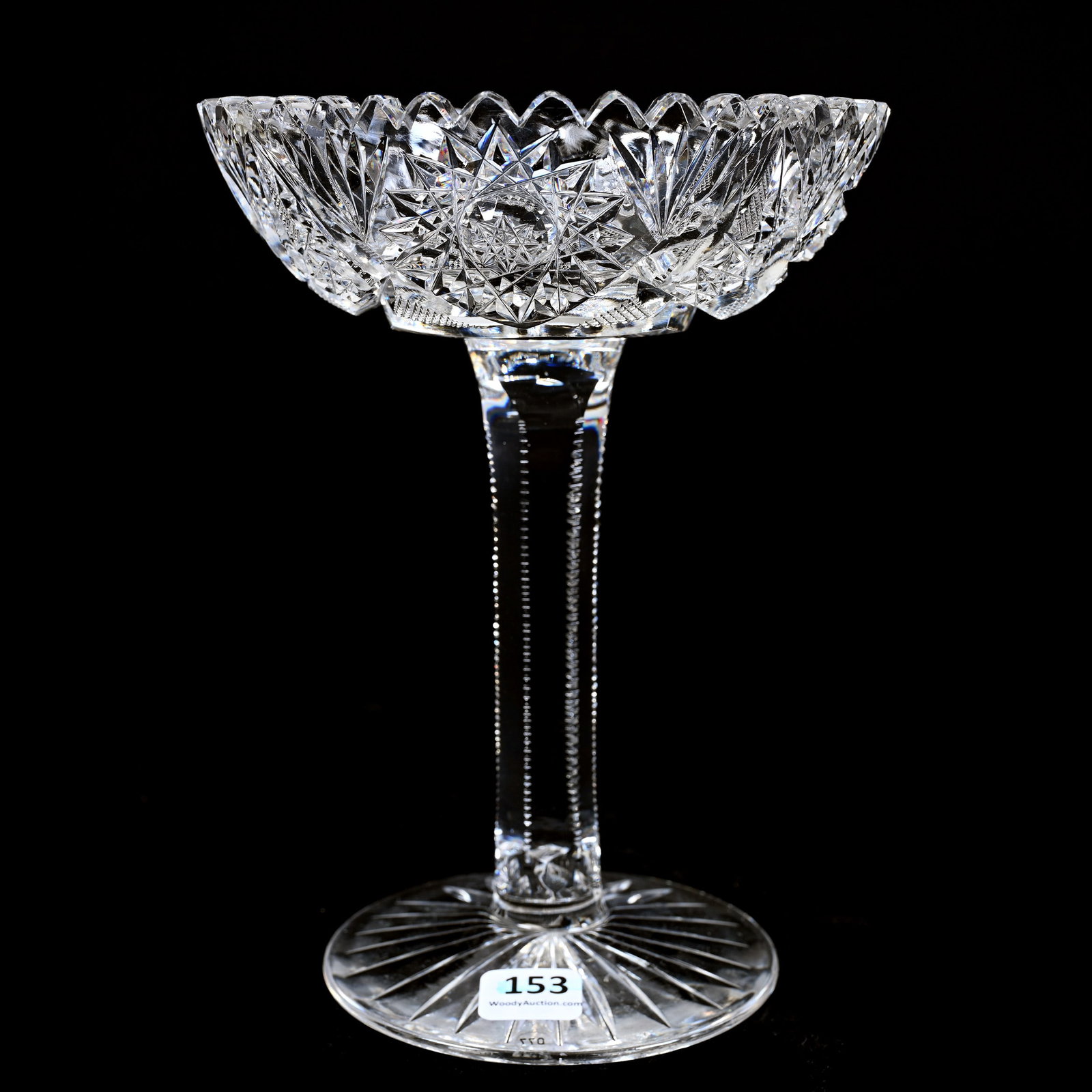Compote, American Brilliant Cut Glass: Compote, American Brilliant Cut Glass, 7.75" x 5.75", Four Sections Of Hobstar, Strawberry Diamond And Fan Motif, Solid Notched Stem, Ray Cut Foot, Dr. Dallas & The Late Evelyn Nelson, KS.