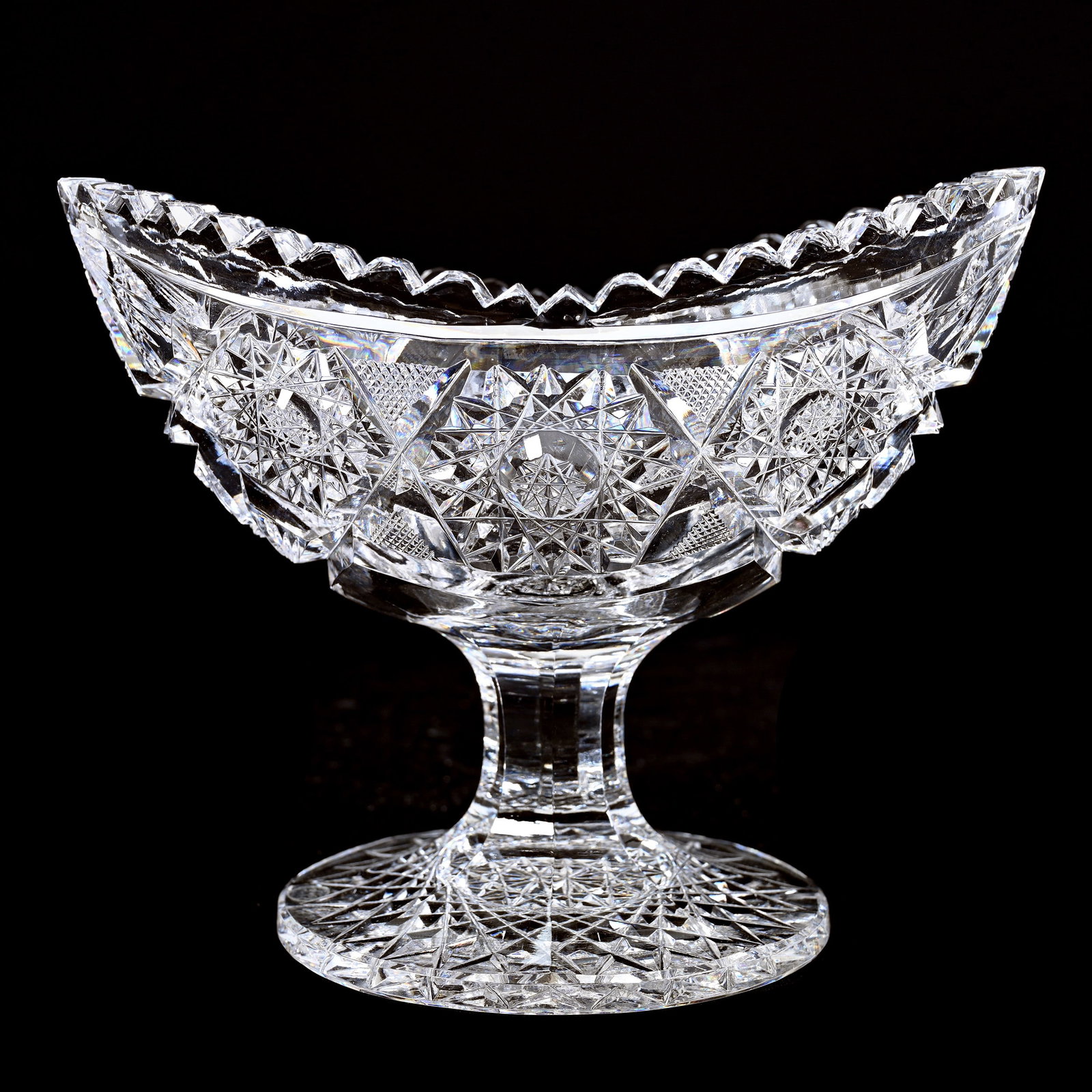 Pedestal Jelly, American Brilliant Cut Glass: Pedestal Jelly, American Brilliant Cut Glass, 5.25" x 6.75" x 4", Hobstar, Vesica, Cane, Strawberry Diamond And Fan Motif, Hobstar Foot, Dr. Dallas & The Late Evelyn Nelson, KS.