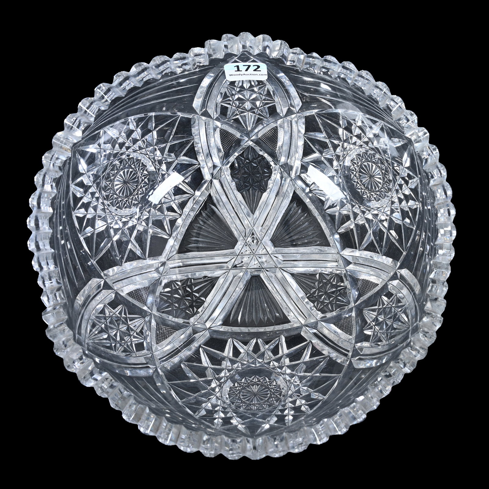 Bowl, American Brilliant Cut Glass: Bowl, American Brilliant Cut Glass, 3.75" x 8", Three Sections Of Hobstar, Vesica, Strawberry Diamond And Fan Motif, Dr. Dallas & The Late Evelyn Nelson, KS.