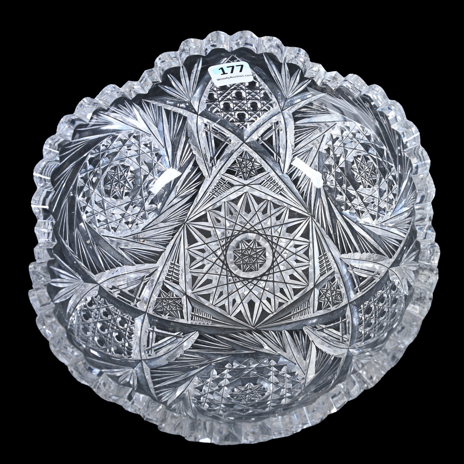 Bowl, American Brilliant Cut Glass: Bowl, American Brilliant Cut Glass, 3.75" x 8", Hobstar Center With Pinwheel, Cane And Fan Border, Dr. Dallas & The Late Evelyn Nelson, KS.