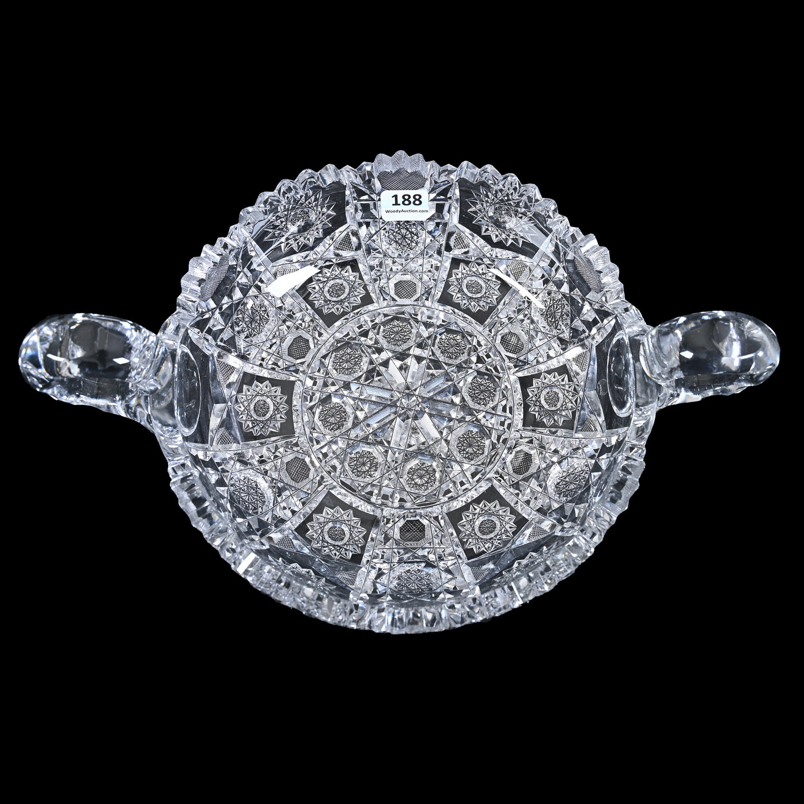 Bowl, Two Handles, American Brilliant Cut Glass, America Pattern By Fry: Bowl, Two Handles, American Brilliant Cut Glass, America Pattern By Fry, 3.5" x 11.5" x 8", Hard To See Handle Flaw, Dr. Dallas & The Late Evelyn Nelson, KS.