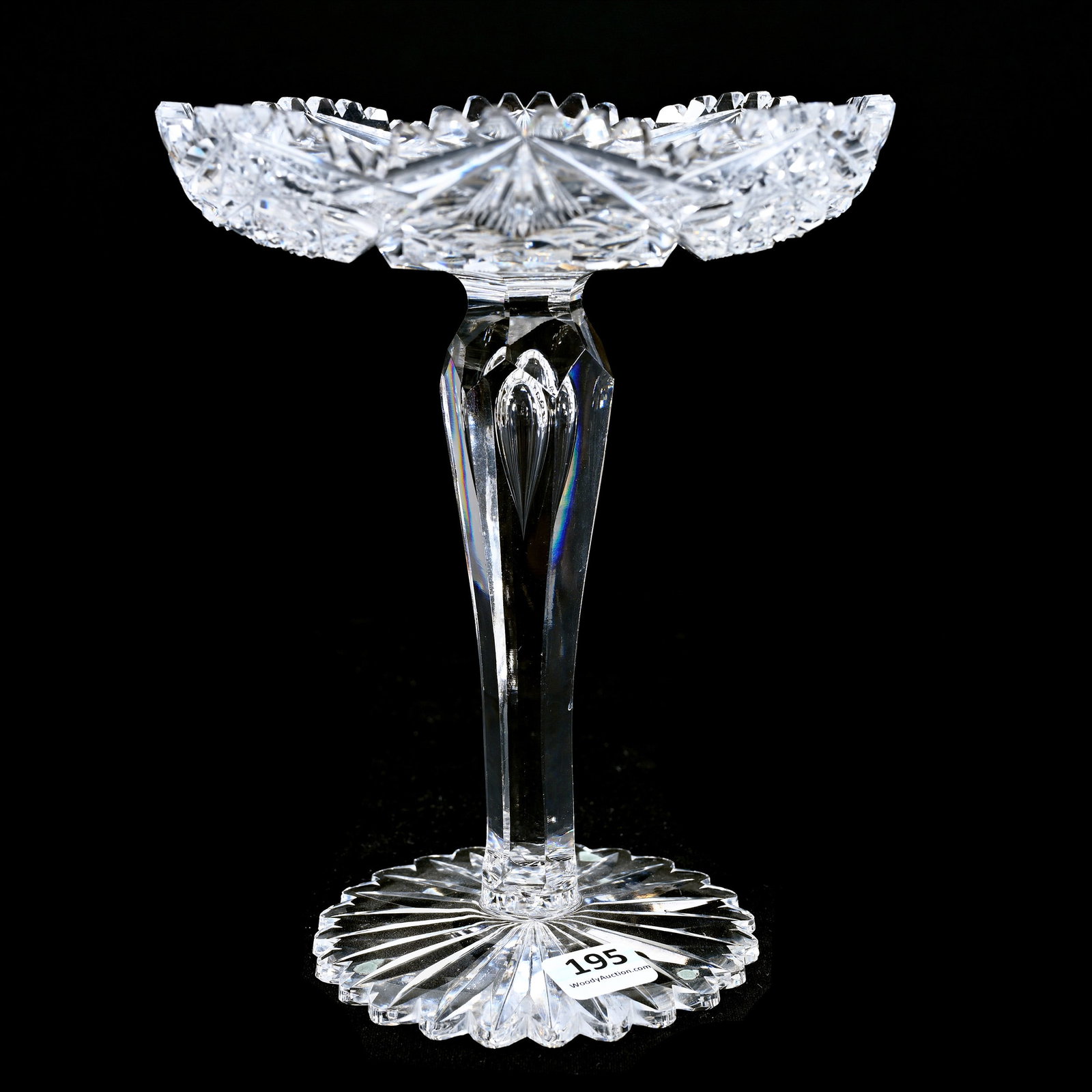 Compote, American Brilliant Cut Glass: Compote, American Brilliant Cut Glass, 8.75" x 6", Hobstar, Strawberry Diamond, Nailhead Diamond And Fan Motif, Teardrop Stem, Scalloped Ray Cut Foot, Tooth Chip, Indiana Private Collection.