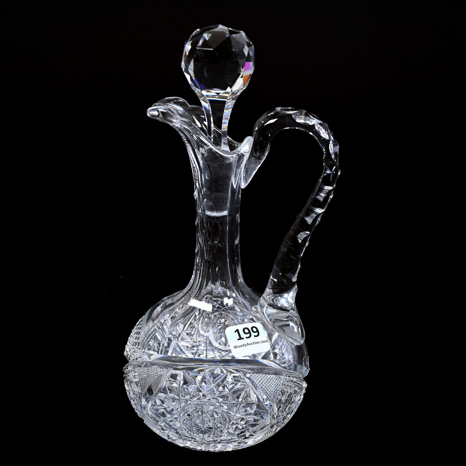 Decanter, American Brilliant Cut Glass: Decanter, American Brilliant Cut Glass, 9" x 4.5", Hobstar, Strawberry Diamond, Nailhead Diamond, Vesica And Fan Motif, Triple Notched Handle, Ray Cut Base, Indiana Private Collection.