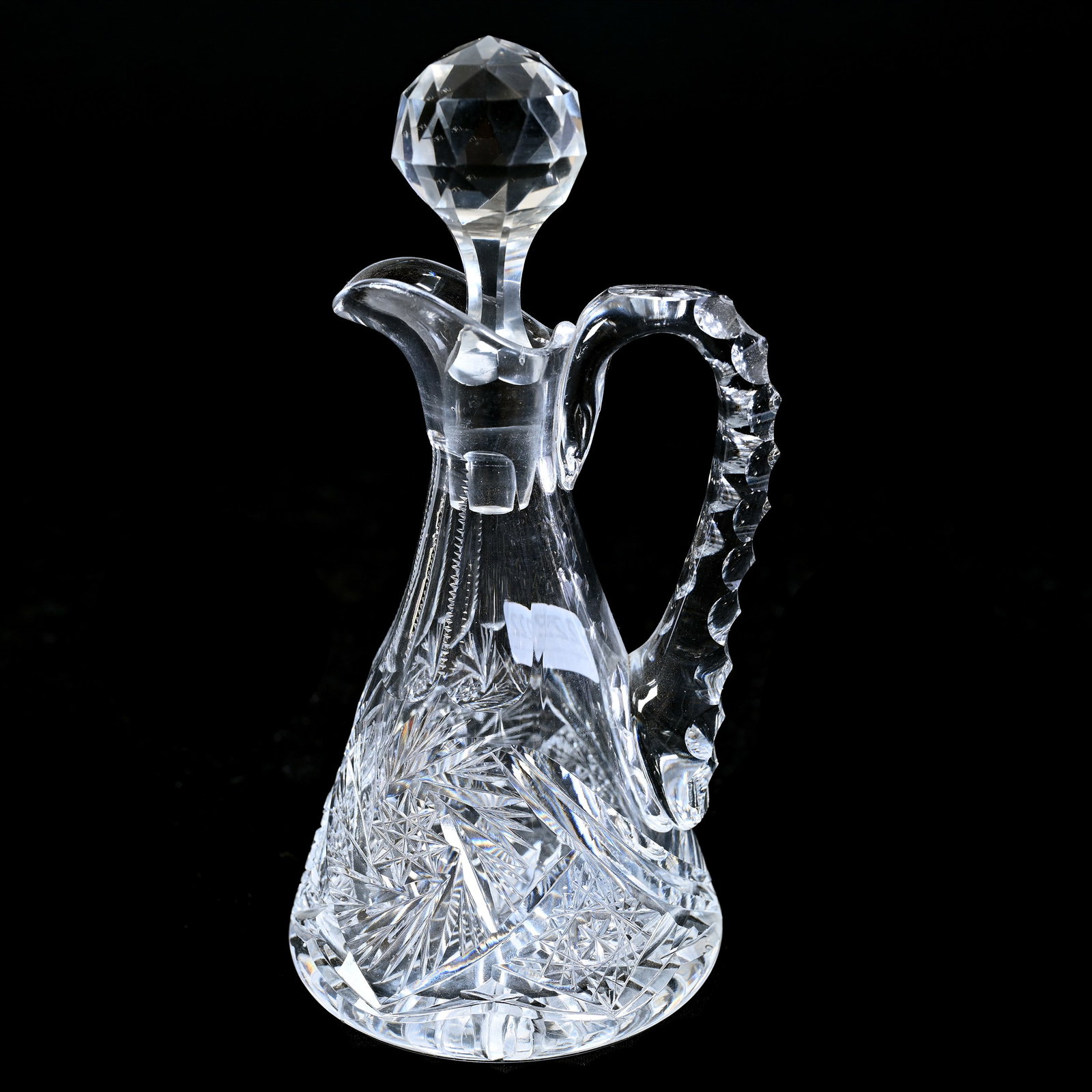 Cruet Bottle, American Brilliant Cut Glass: Cruet Bottle, American Brilliant Cut Glass, 7" x 3.75", Hobstar, Pinwheel And Fan Motif, Triple Notched Handle, Indiana Private Collection.