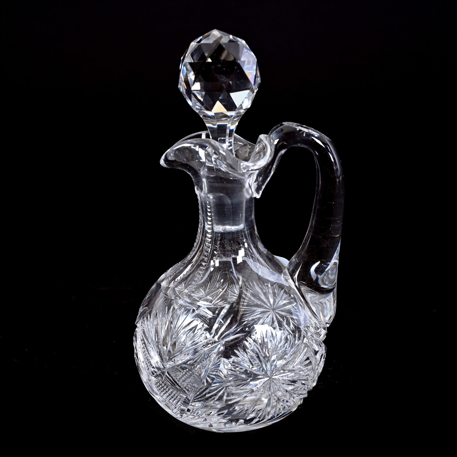 Cruet Bottle, American Brilliant Cut Glass: Cruet Bottle, American Brilliant Cut Glass, 6.75" x 3.5", Strawberry Diamond, Flashed Star, Zipper And Fan Motif, Ray Cut Base, Indiana Private Collection.